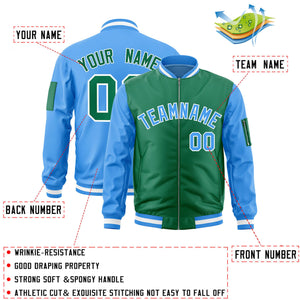 Custom Kelly Green Powder Blue Varsity Full-Zip Two-Tone Letterman Bomber Jacket