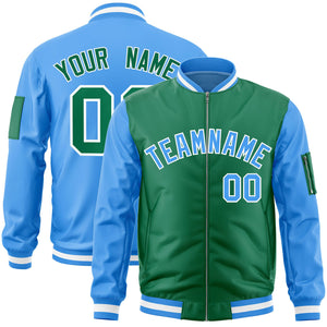 Custom Kelly Green Powder Blue Varsity Full-Zip Two-Tone Letterman Bomber Jacket