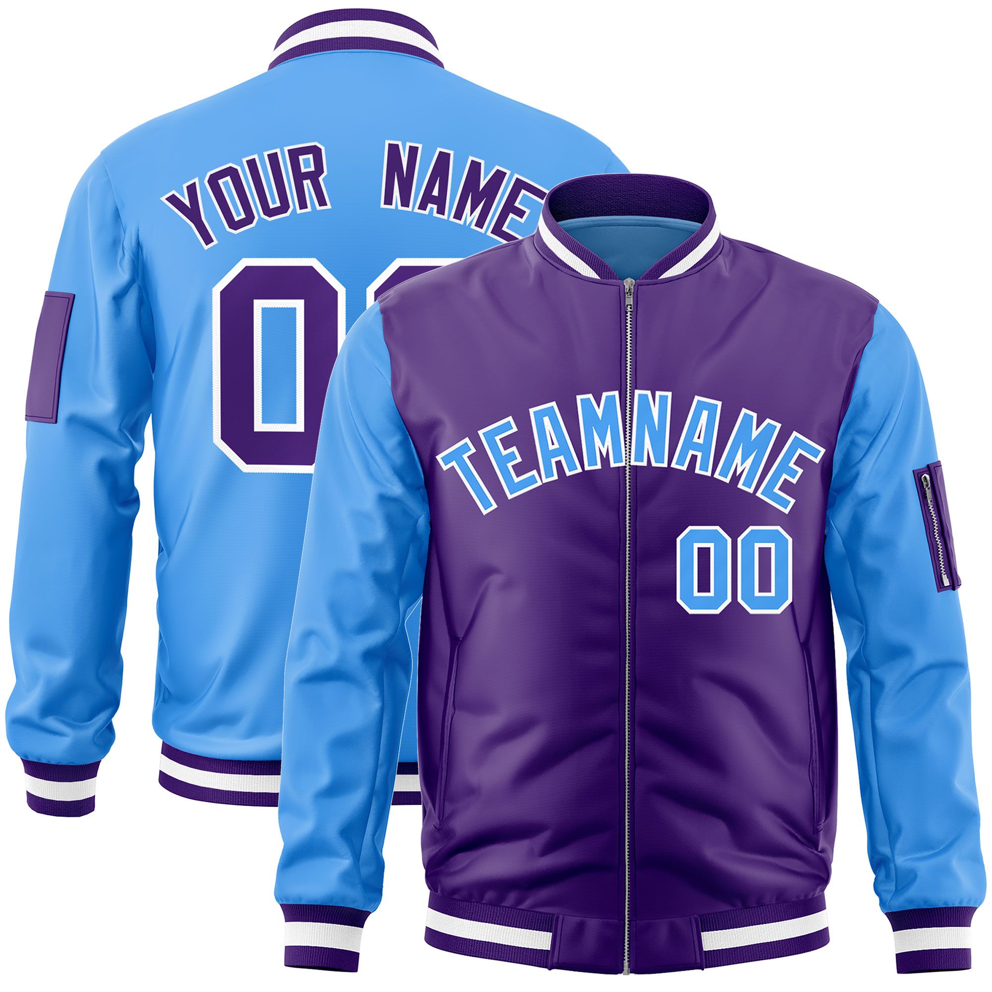 Custom Purple Powder Blue Varsity Full-Zip Two-Tone Letterman Bomber Jacket