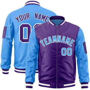 Custom Purple Powder Blue Varsity Full-Zip Two-Tone Letterman Bomber Jacket