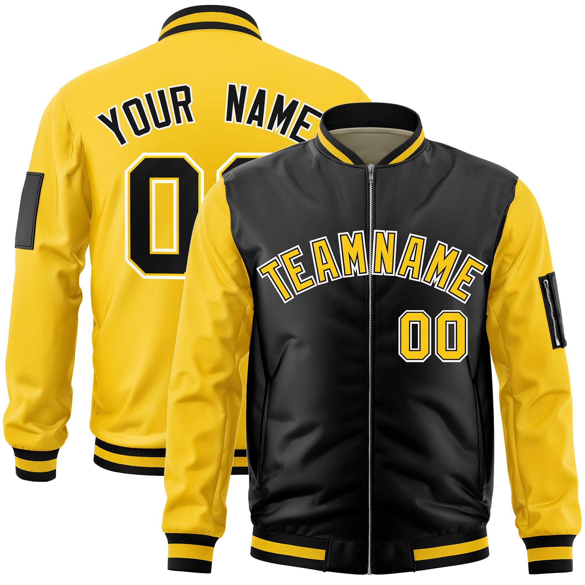 Custom Black Gold Varsity Full-Zip Two-Tone Letterman Bomber Jacket