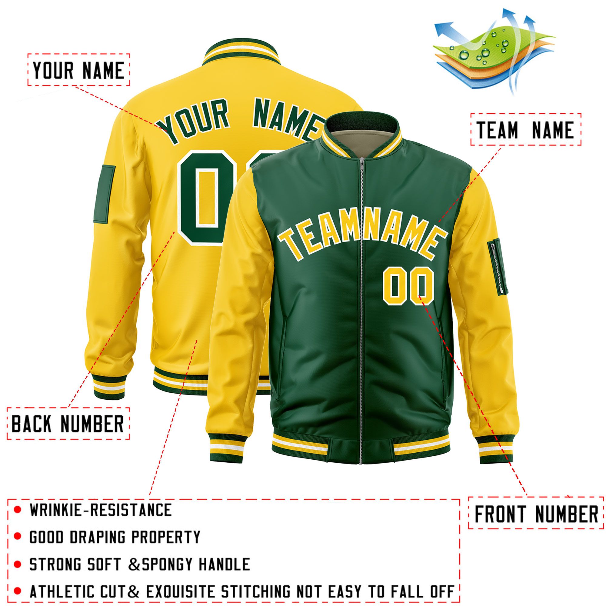 Custom Green Gold Varsity Full-Zip Two-Tone Letterman Bomber Jacket