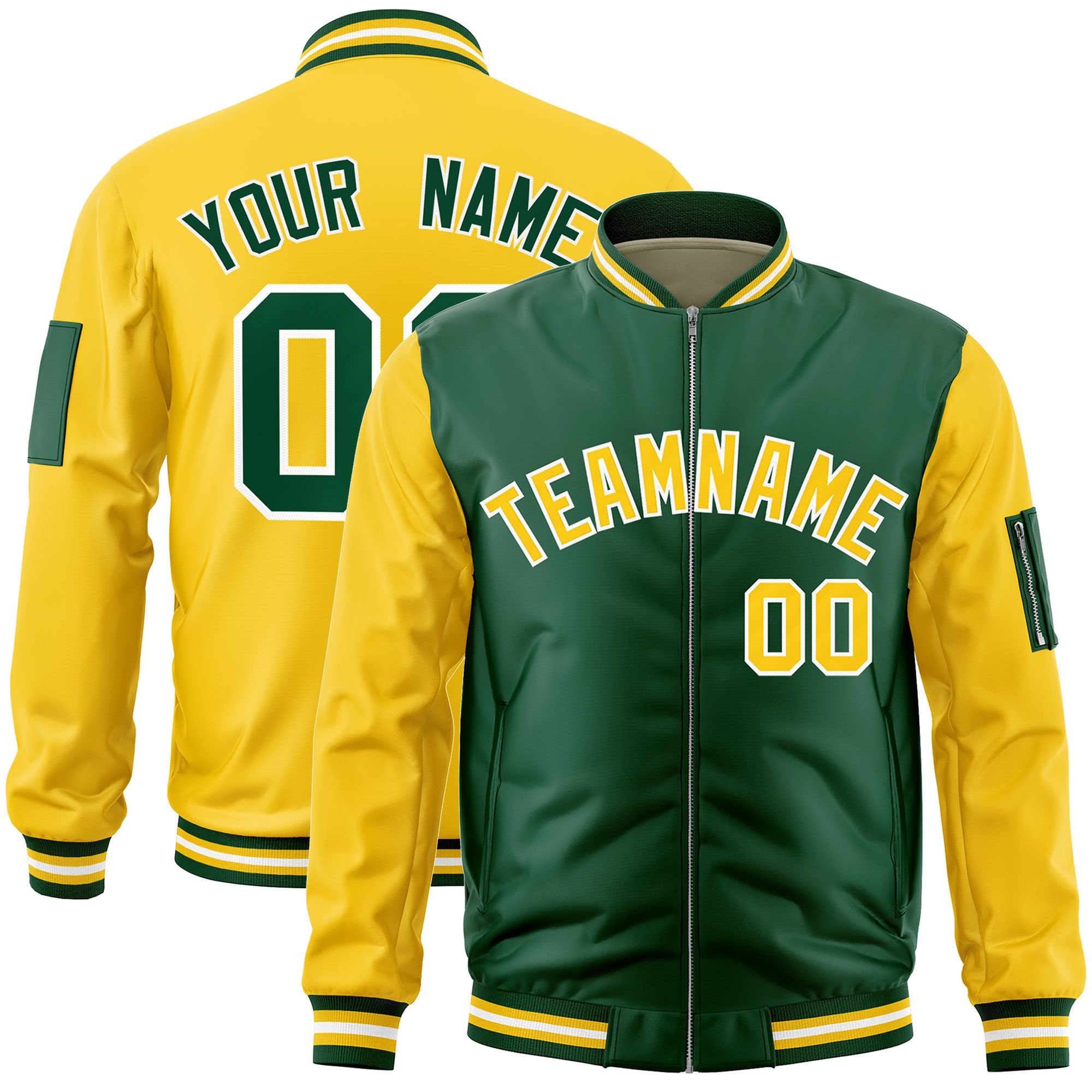 Custom Green Gold Varsity Full-Zip Two-Tone Letterman Bomber Jacket