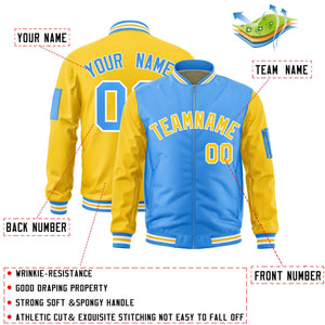 Custom Powder Blue Gold Varsity Full-Zip Two-Tone Letterman Bomber Jacket