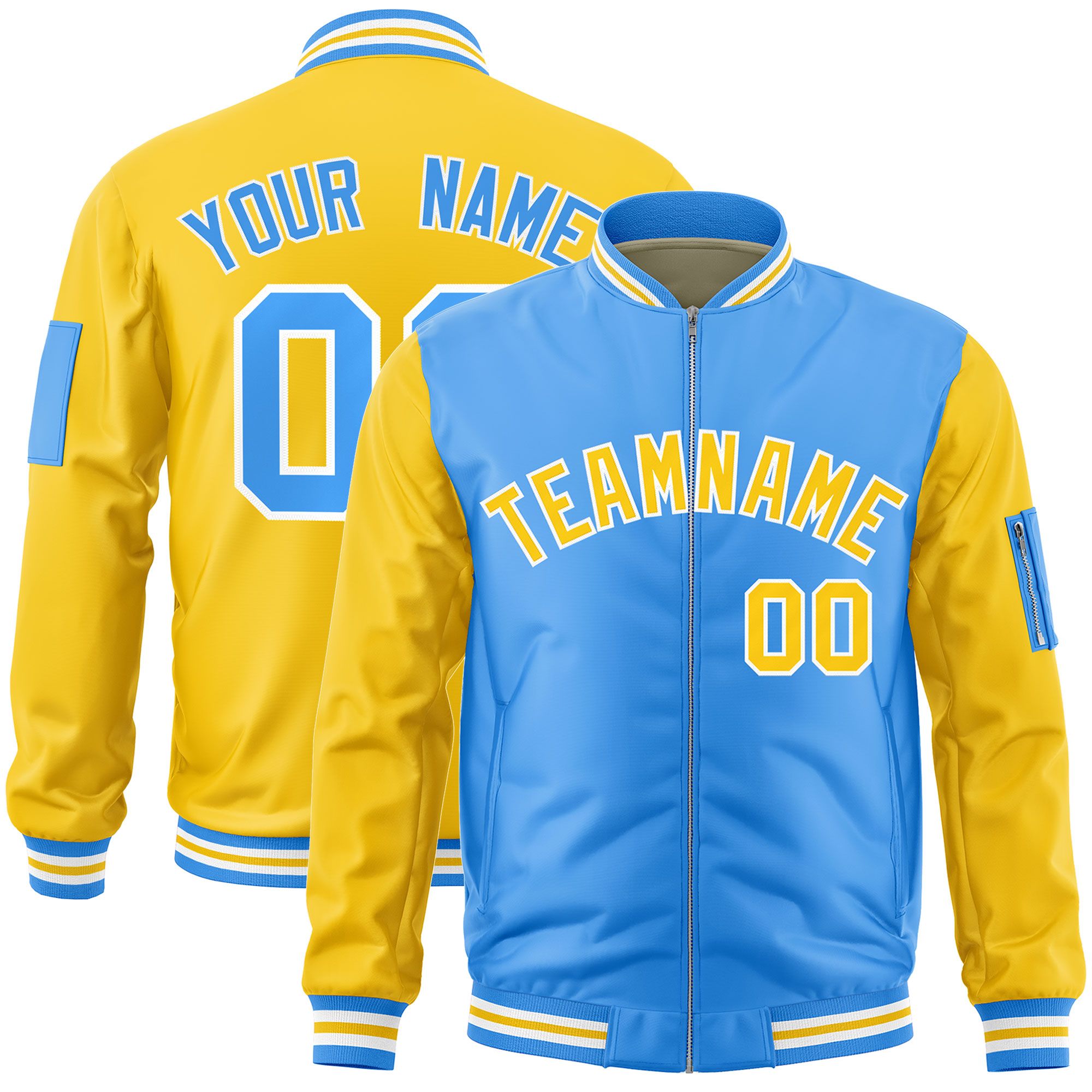 Custom Powder Blue Gold Varsity Full-Zip Two-Tone Letterman Bomber Jacket