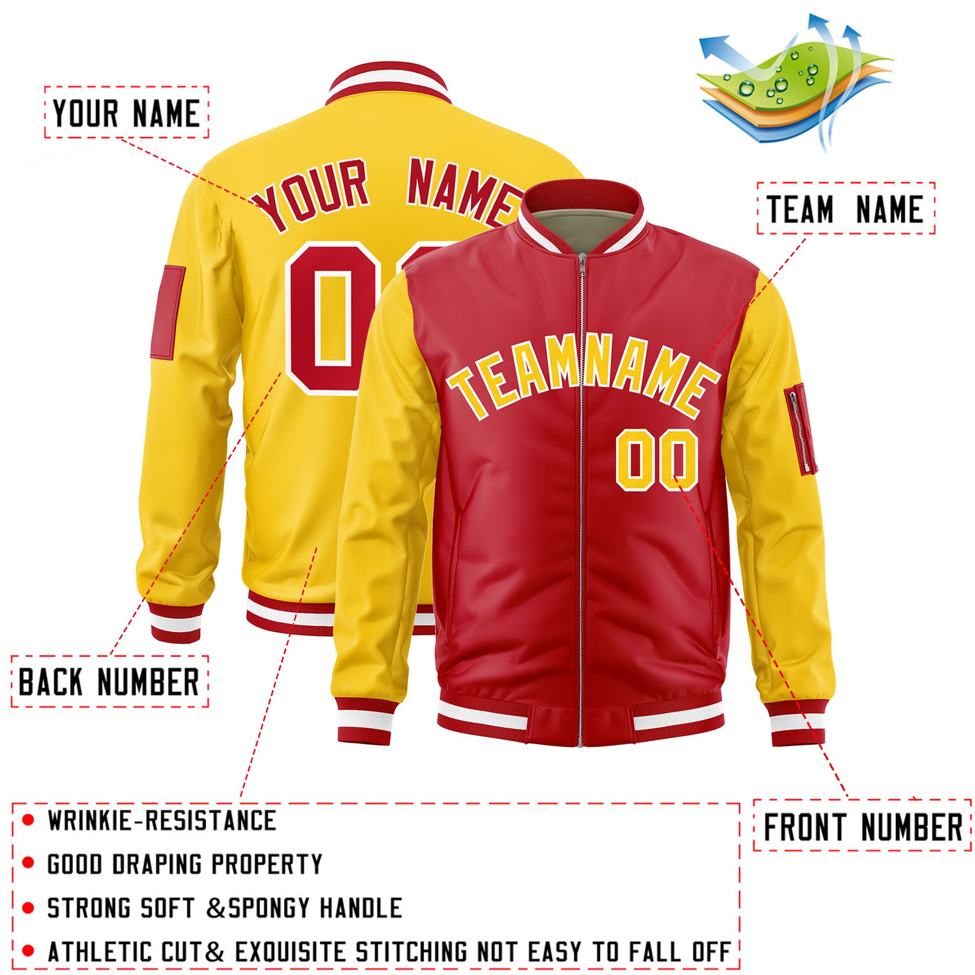 Custom Red Gold Varsity Full-Zip Two-Tone Letterman Bomber Jacket