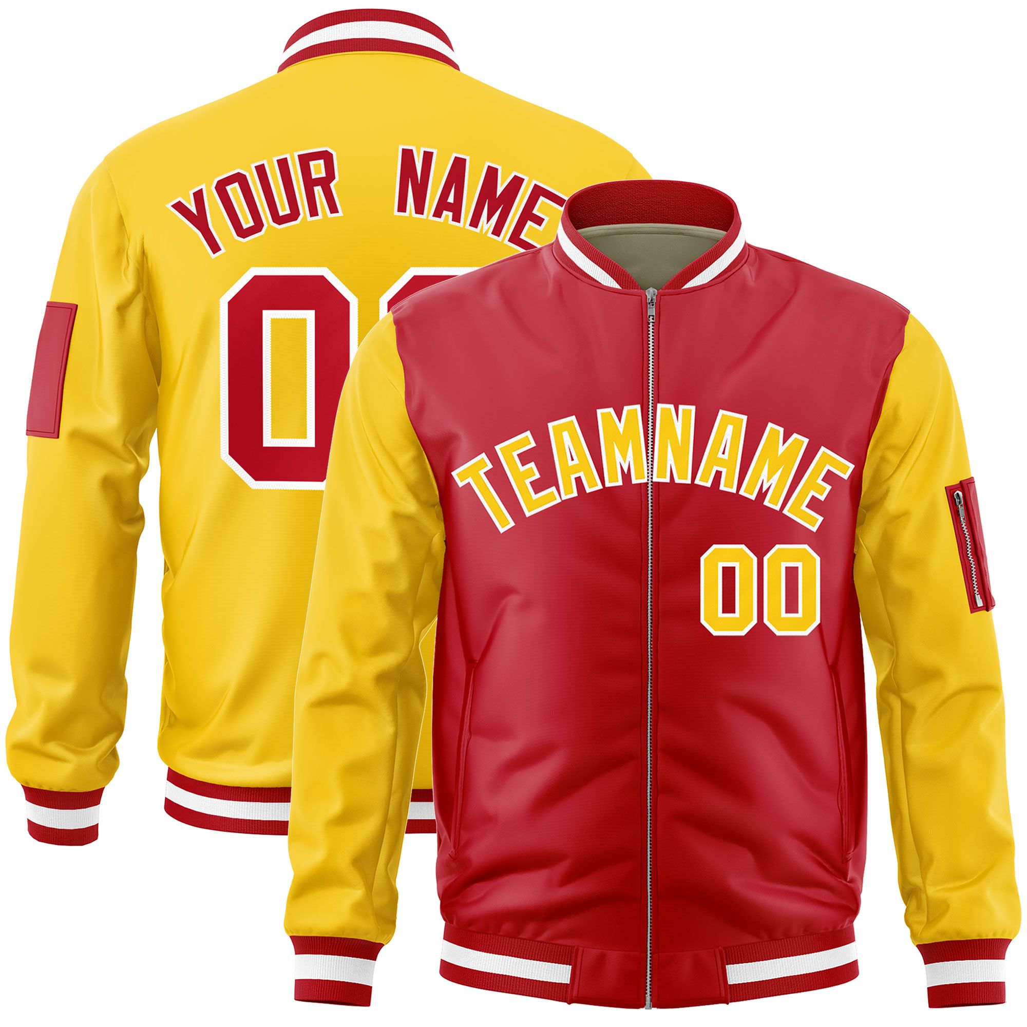 Custom Red Gold Varsity Full-Zip Two-Tone Letterman Bomber Jacket