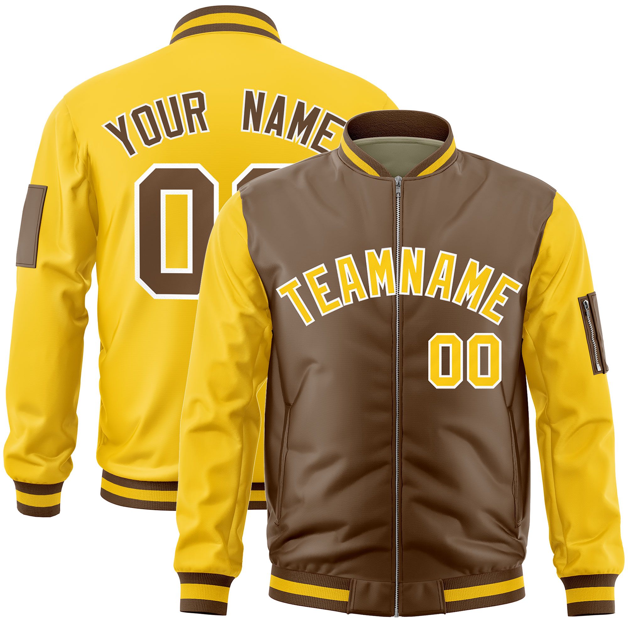 Custom Light Brown Gold Varsity Full-Zip Two-Tone Letterman Bomber Jacket