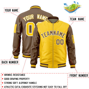 Custom Gold Light Brown Varsity Full-Zip Two-Tone Letterman Bomber Jacket