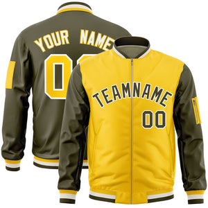 Custom Gold Olive Varsity Full-Zip Two-Tone Letterman Bomber Jacket