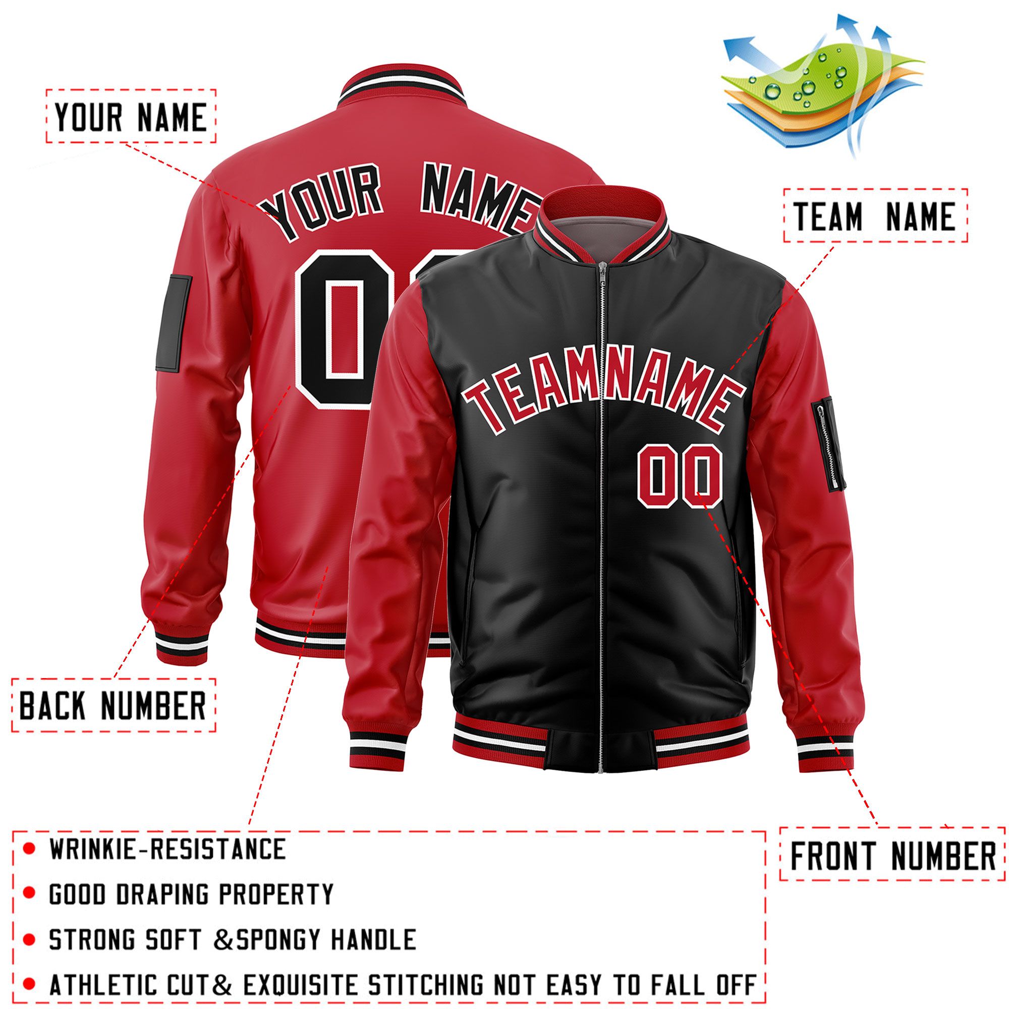 Custom Black Red Varsity Full-Zip Two-Tone Letterman Bomber Jacket