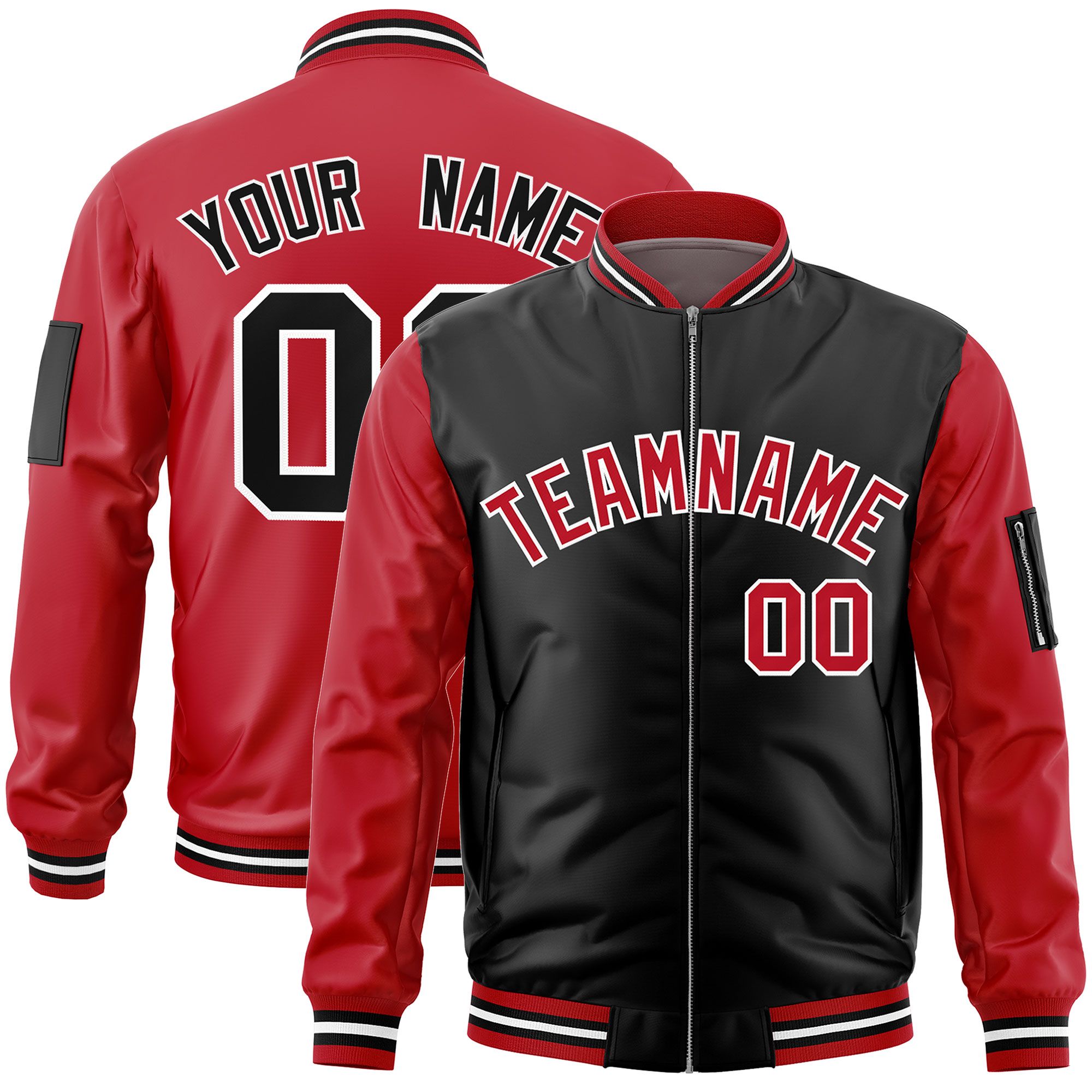 Custom Black Red Varsity Full-Zip Two-Tone Letterman Bomber Jacket