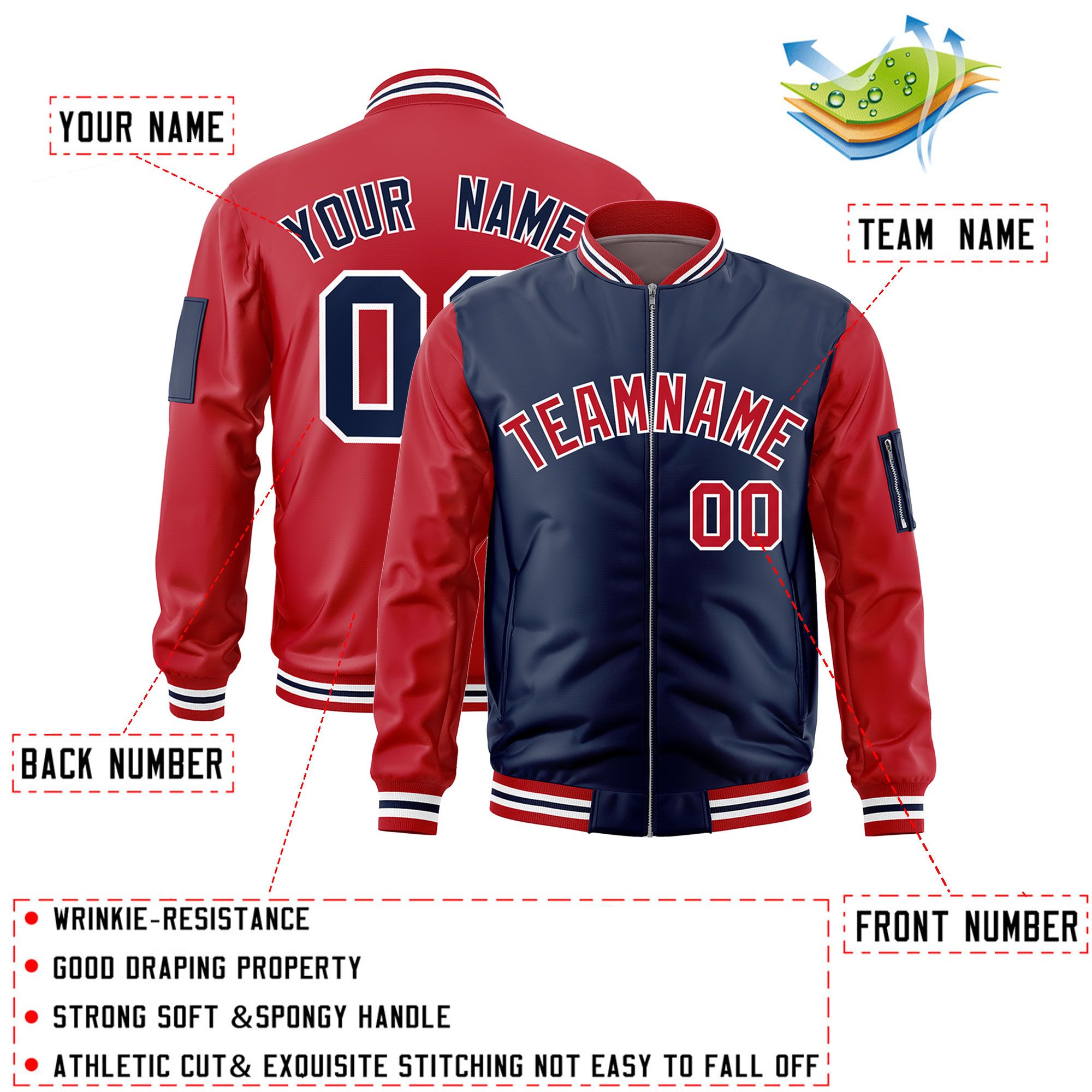 Custom Navy Red Varsity Full-Zip Two-Tone Letterman Bomber Jacket