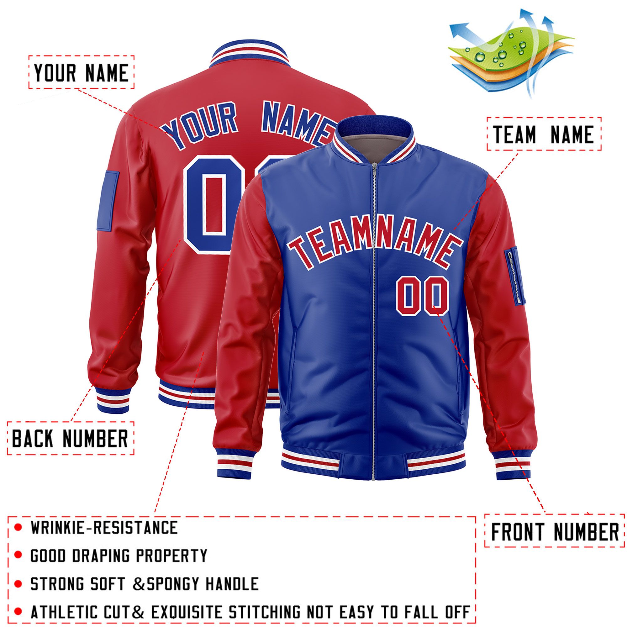 Custom Royal Red Varsity Full-Zip Two-Tone Letterman Bomber Jacket