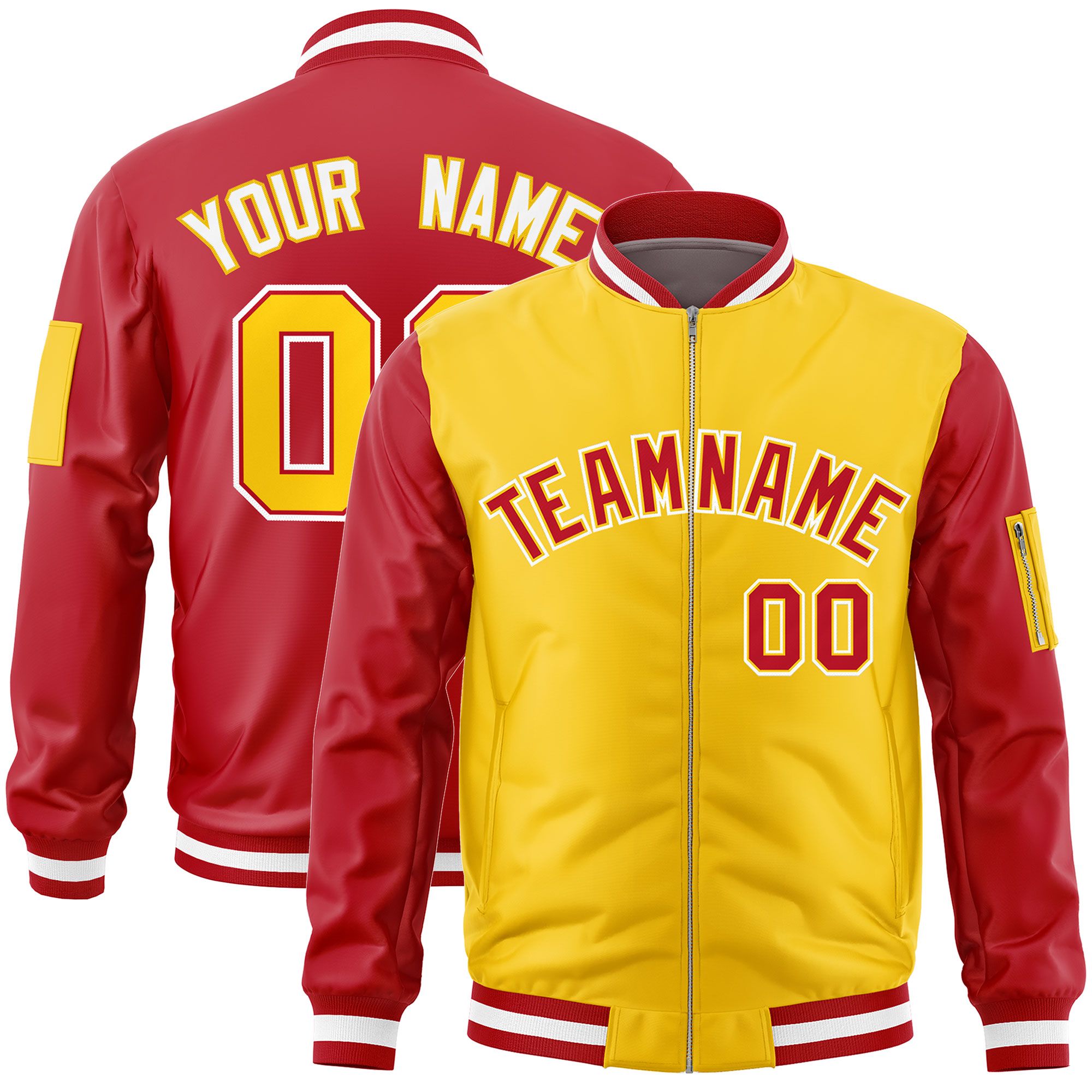 Custom Gold Red Varsity Full-Zip Two-Tone Letterman Bomber Jacket