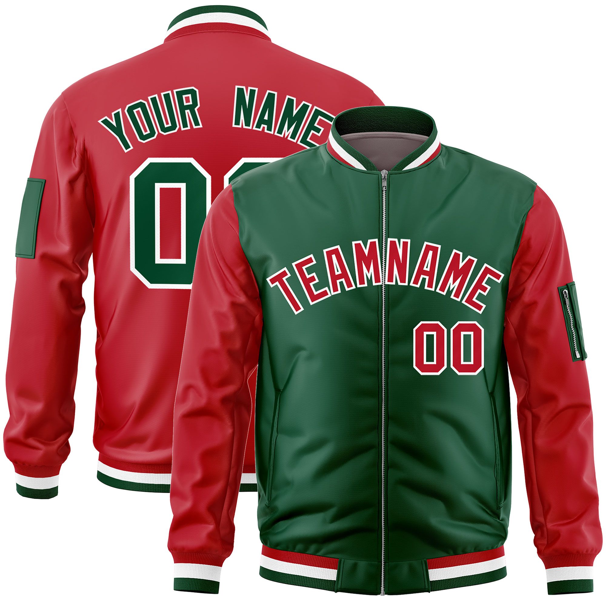 Custom Green Red Varsity Full-Zip Two-Tone Letterman Bomber Jacket