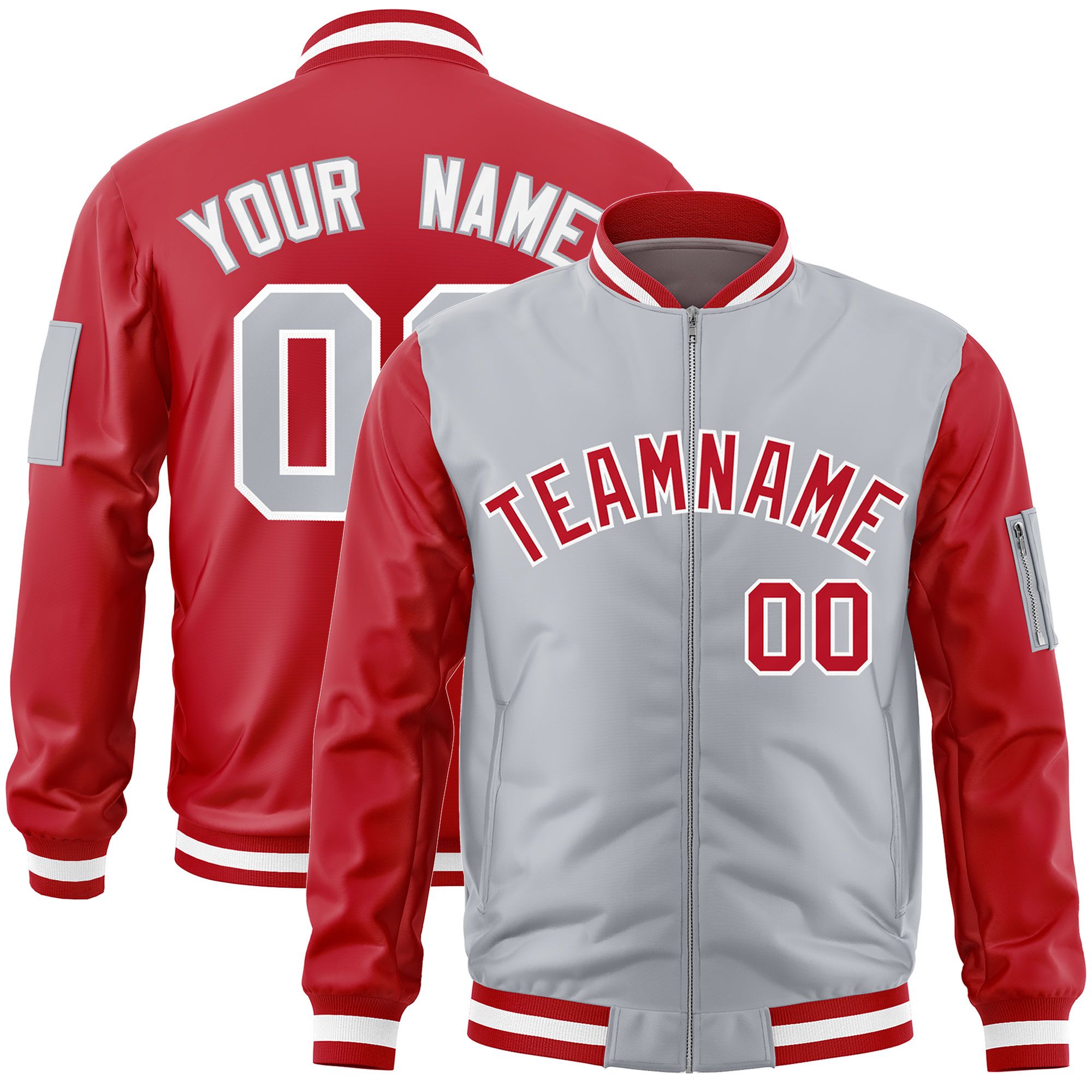 Custom Gray Red Varsity Full-Zip Two-Tone Letterman Bomber Jacket