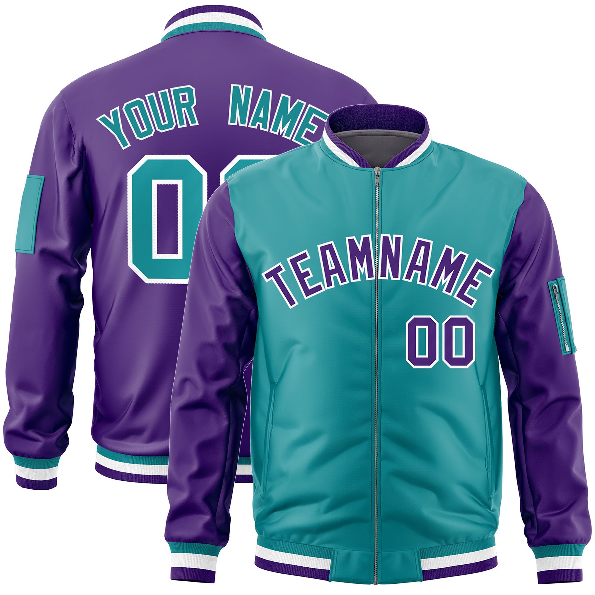 Custom Aqua Purple Varsity Full-Zip Two-Tone Letterman Bomber Jacket