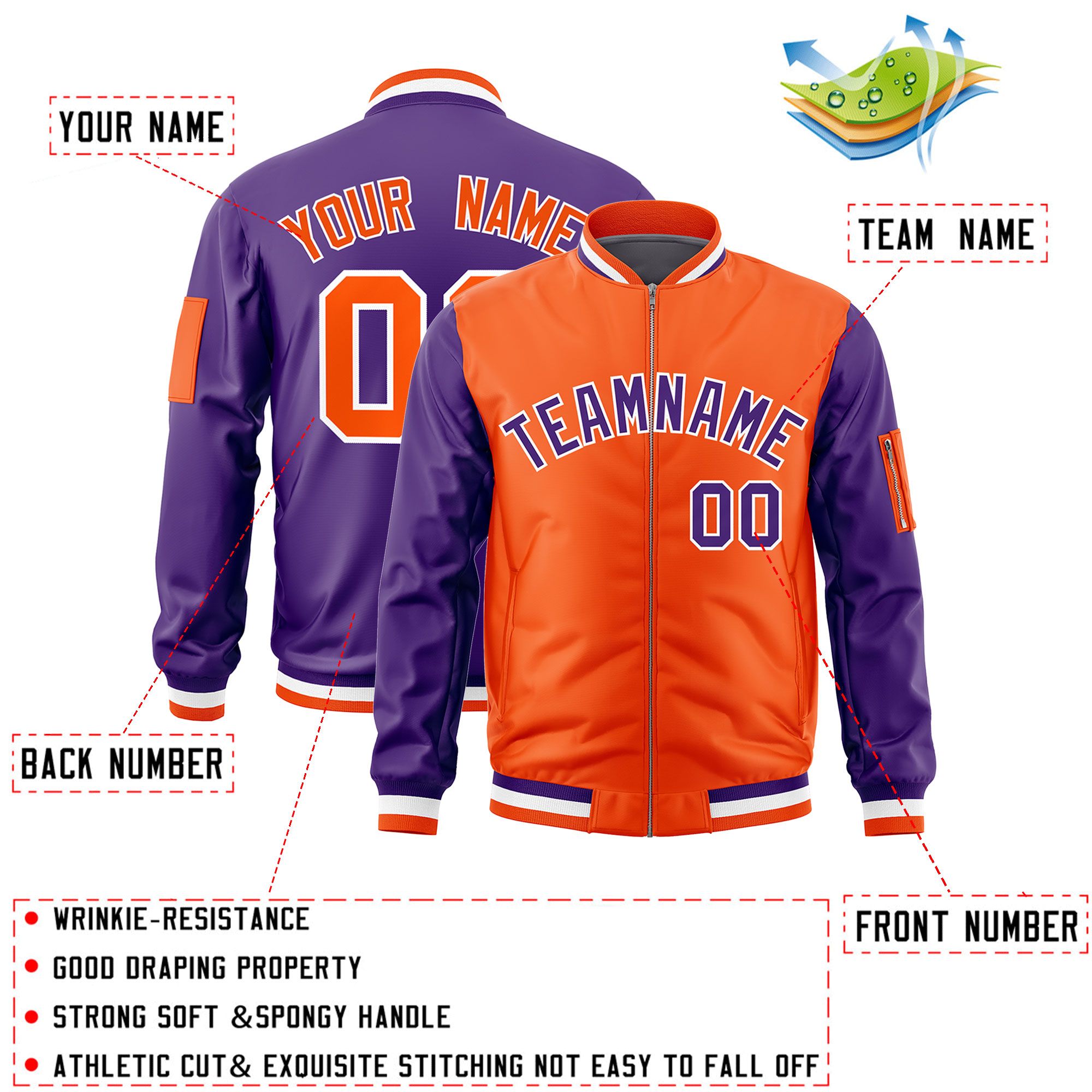 Custom Orange Purple Varsity Full-Zip Two-Tone Letterman Bomber Jacket