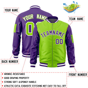 Custom Neon Green Purple Varsity Full-Zip Two-Tone Letterman Bomber Jacket