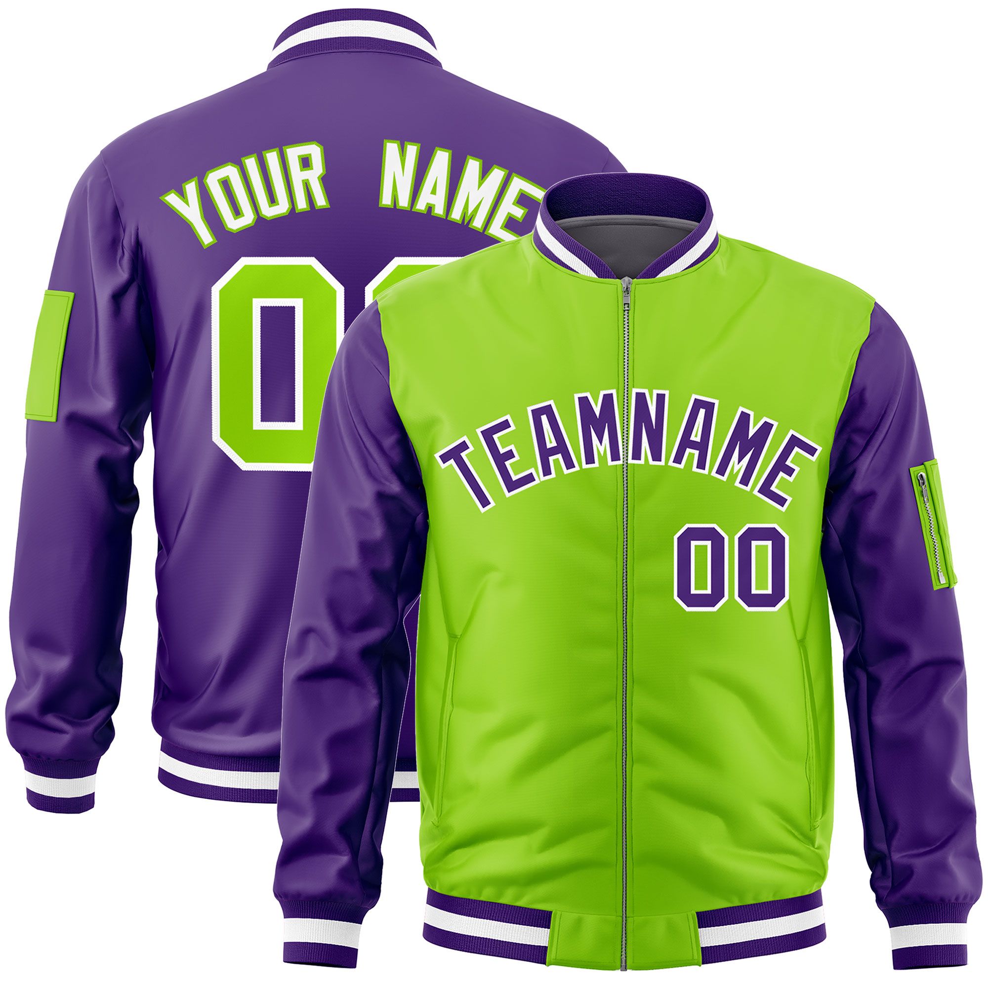 Custom Neon Green Purple Varsity Full-Zip Two-Tone Letterman Bomber Jacket