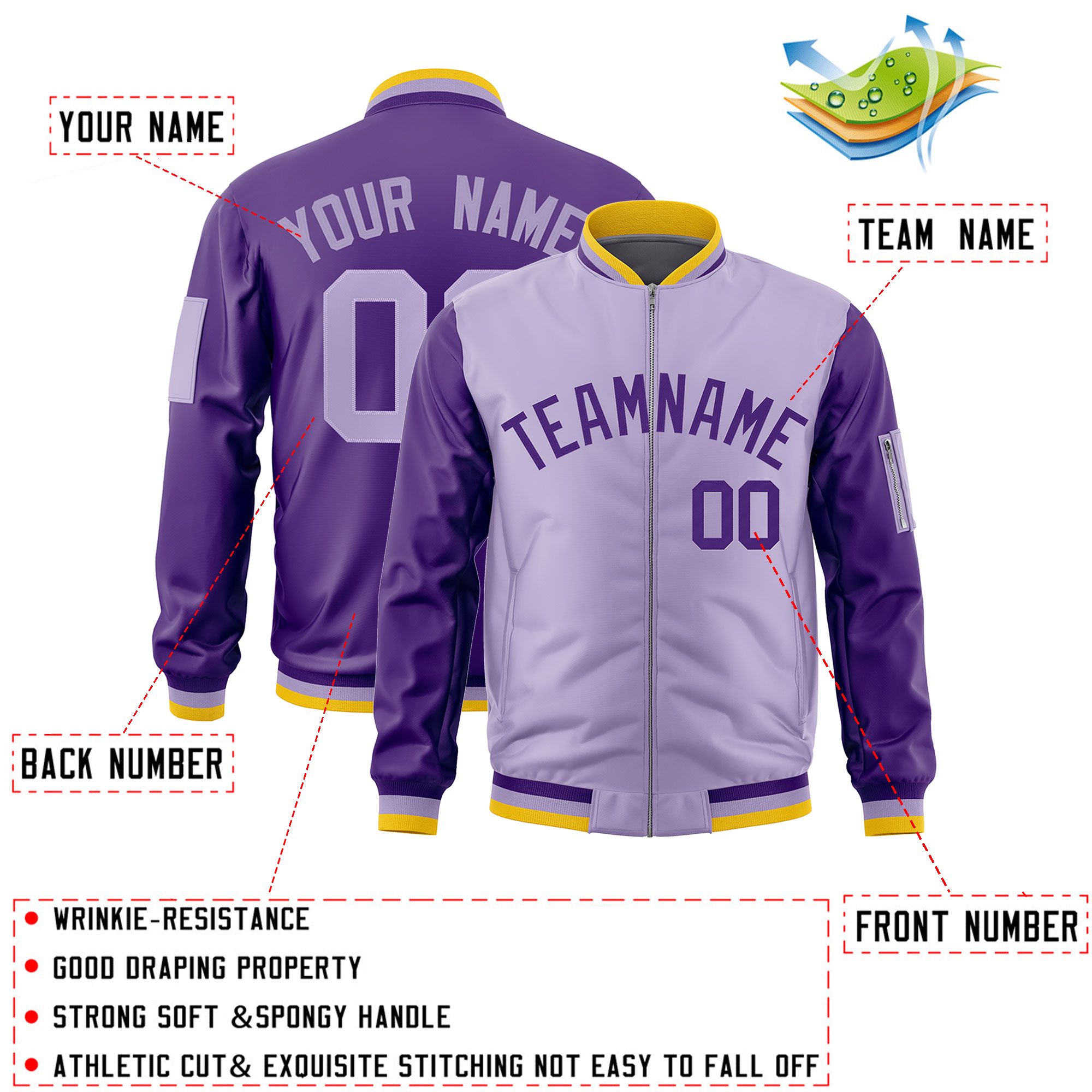 Custom Light Purple Purple Varsity Full-Zip Two-Tone Letterman Bomber Jacket