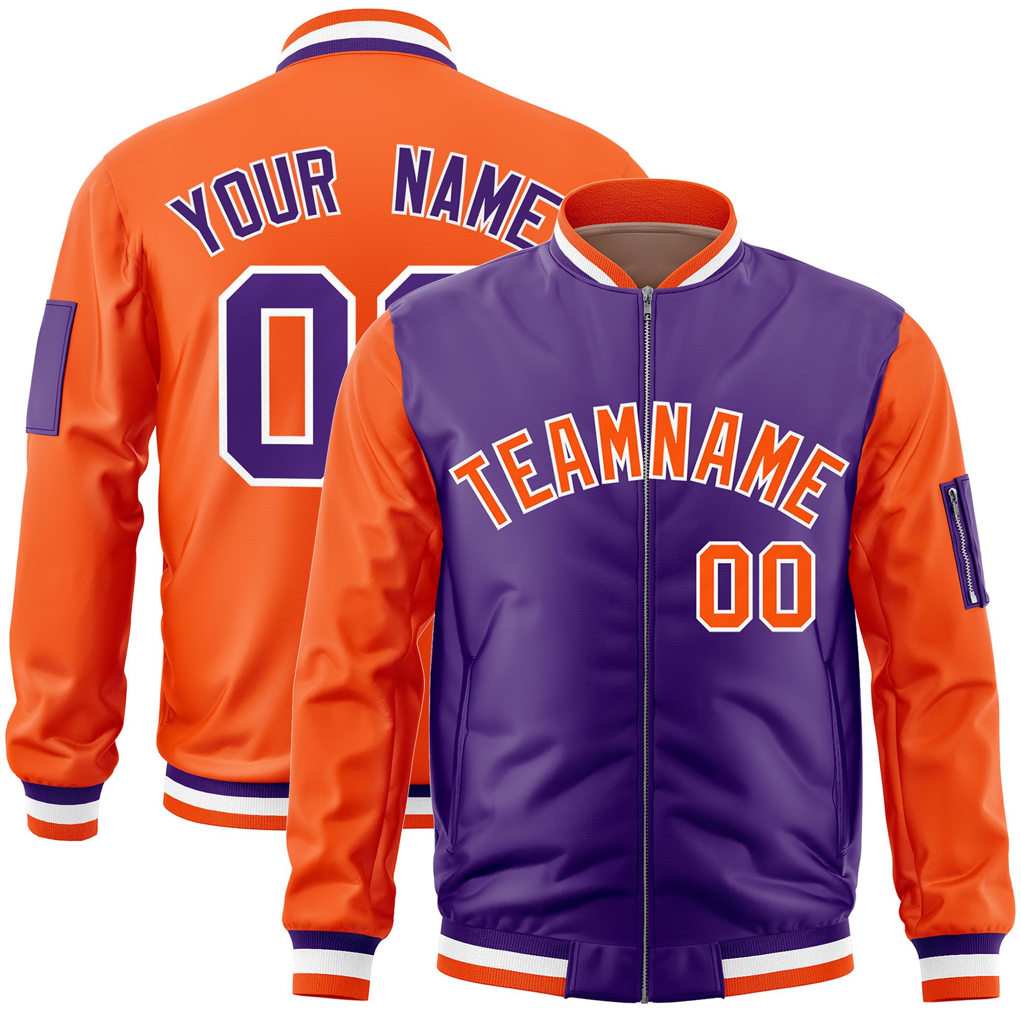 Custom Purple Orange Varsity Full-Zip Two-Tone Letterman Bomber Jacket