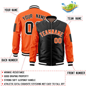 Custom Black Orange Varsity Full-Zip Two-Tone Letterman Bomber Jacket