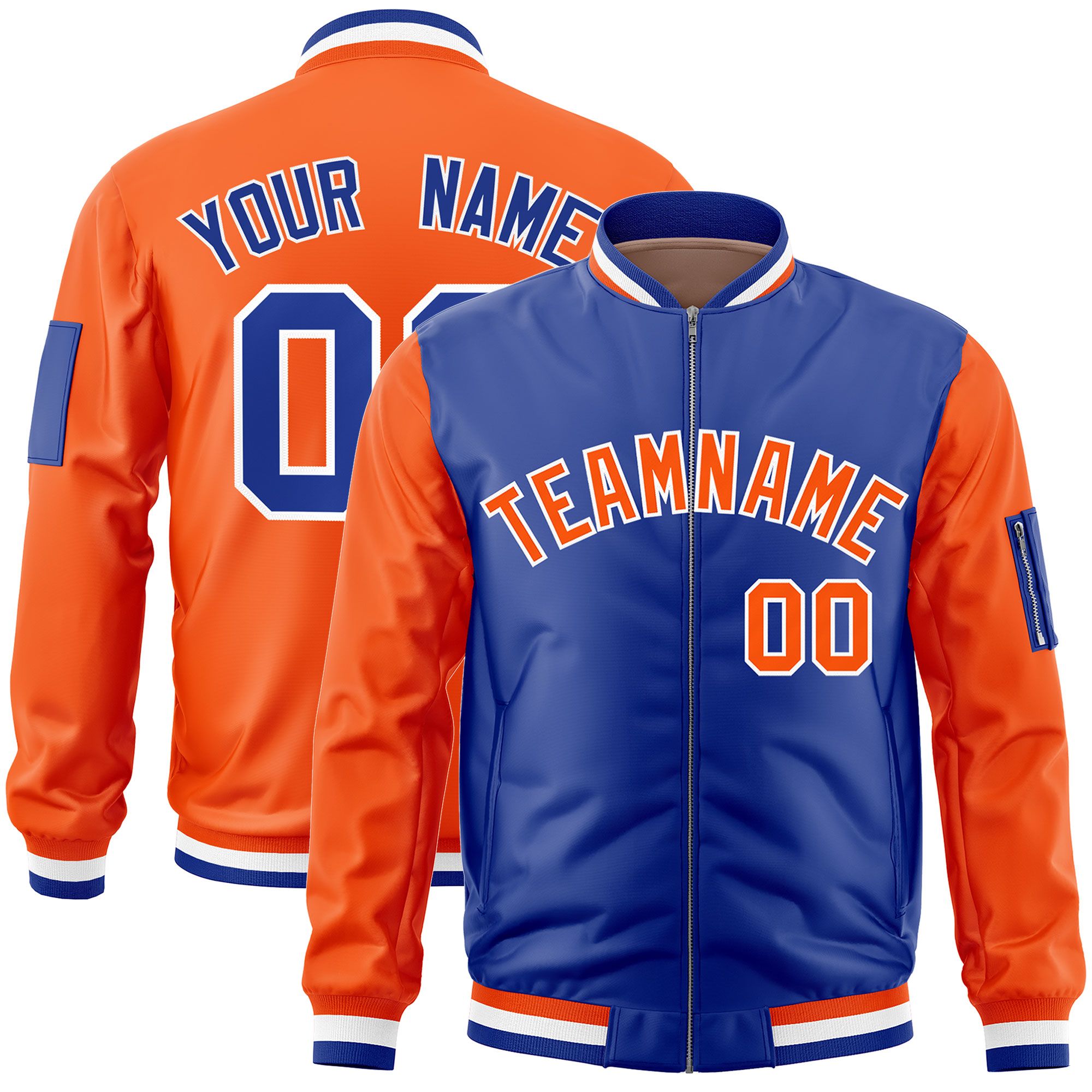 Custom Royal Orange Varsity Full-Zip Two-Tone Letterman Bomber Jacket