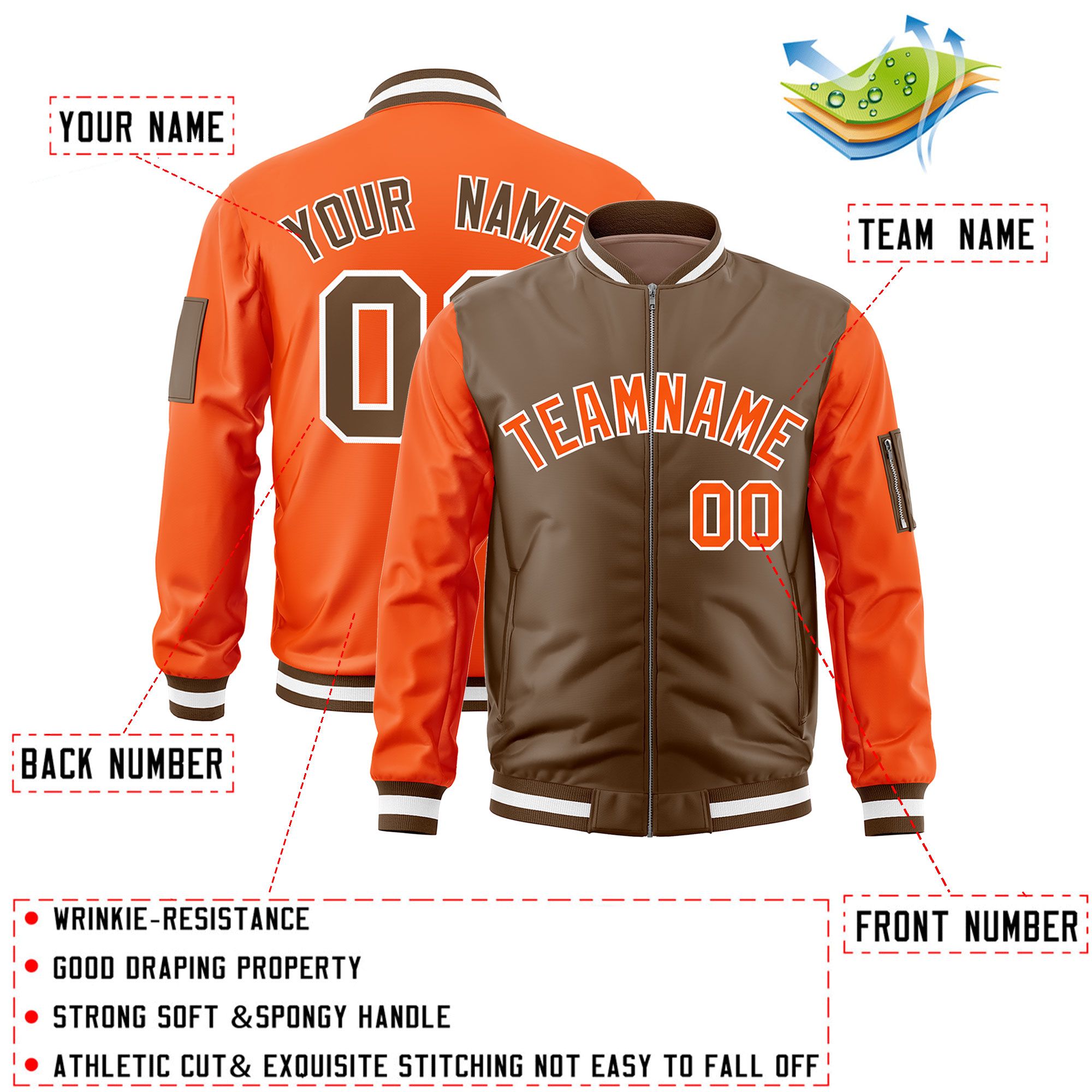 Custom Light Brown Orange Varsity Full-Zip Two-Tone Letterman Bomber Jacket