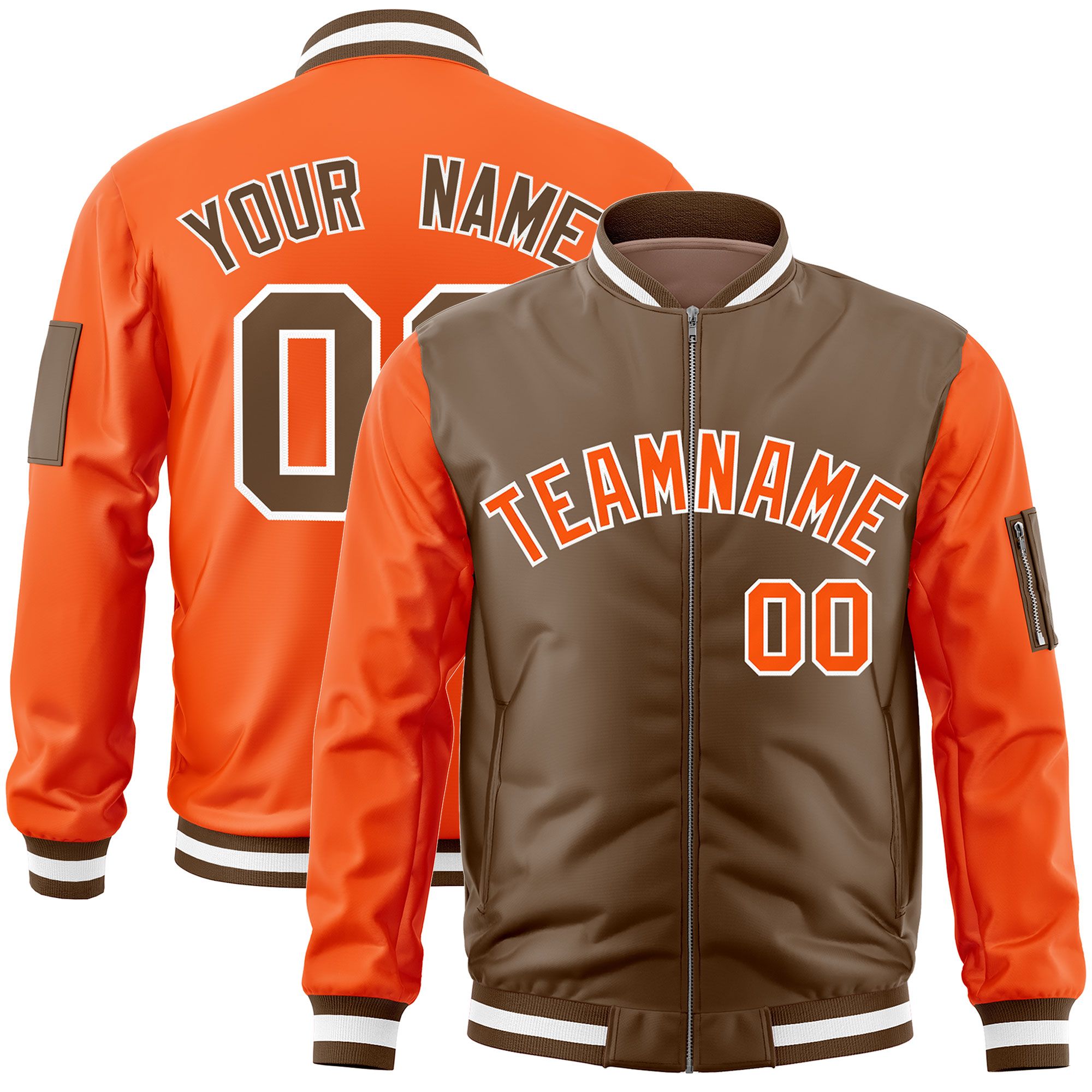 Custom Light Brown Orange Varsity Full-Zip Two-Tone Letterman Bomber Jacket