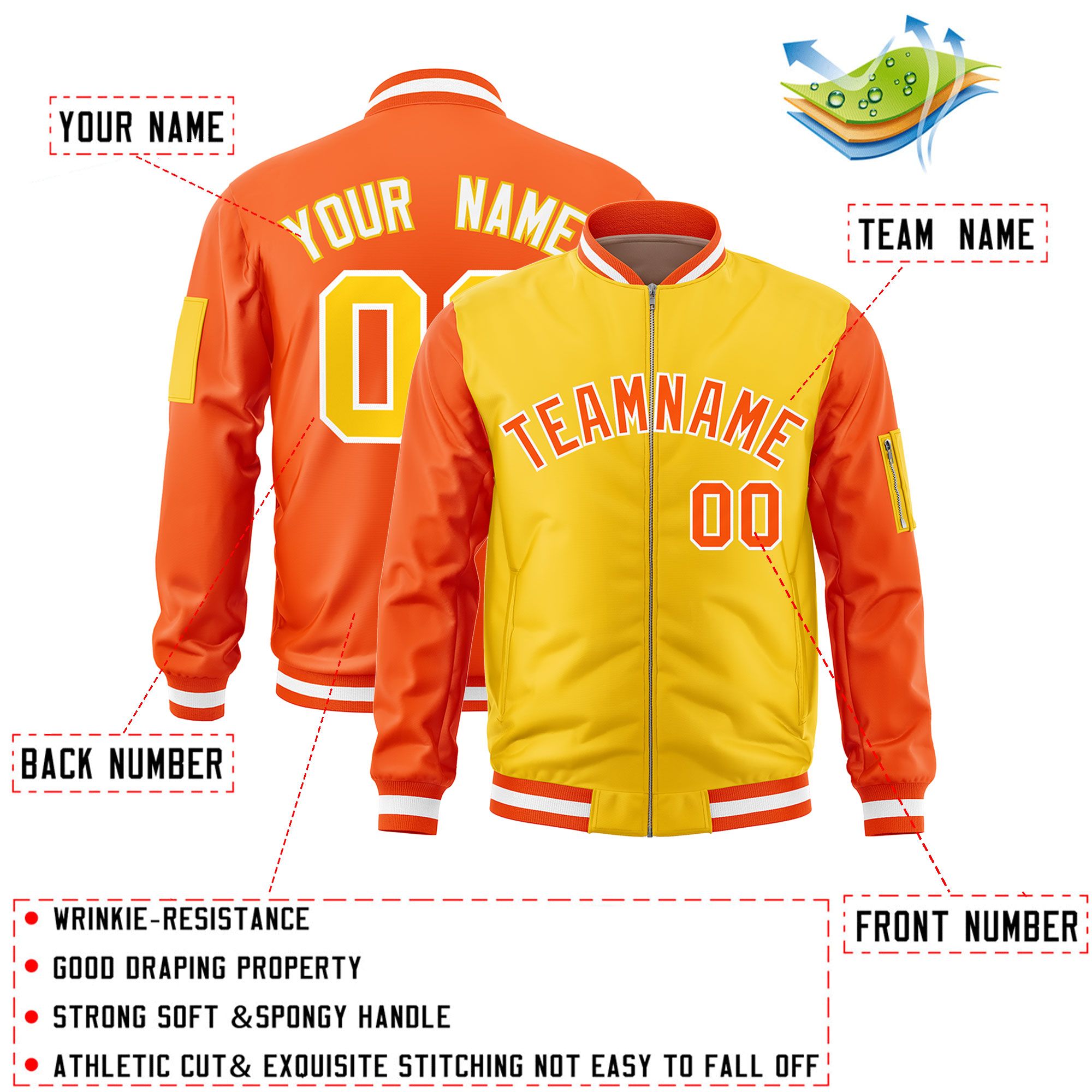 Custom Gold Orange Varsity Full-Zip Two-Tone Letterman Bomber Jacket