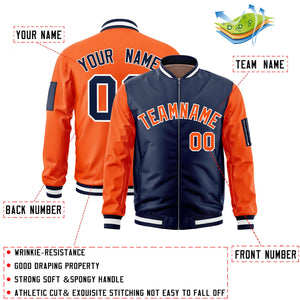 Custom Navy Orange Varsity Full-Zip Two-Tone Letterman Bomber Jacket