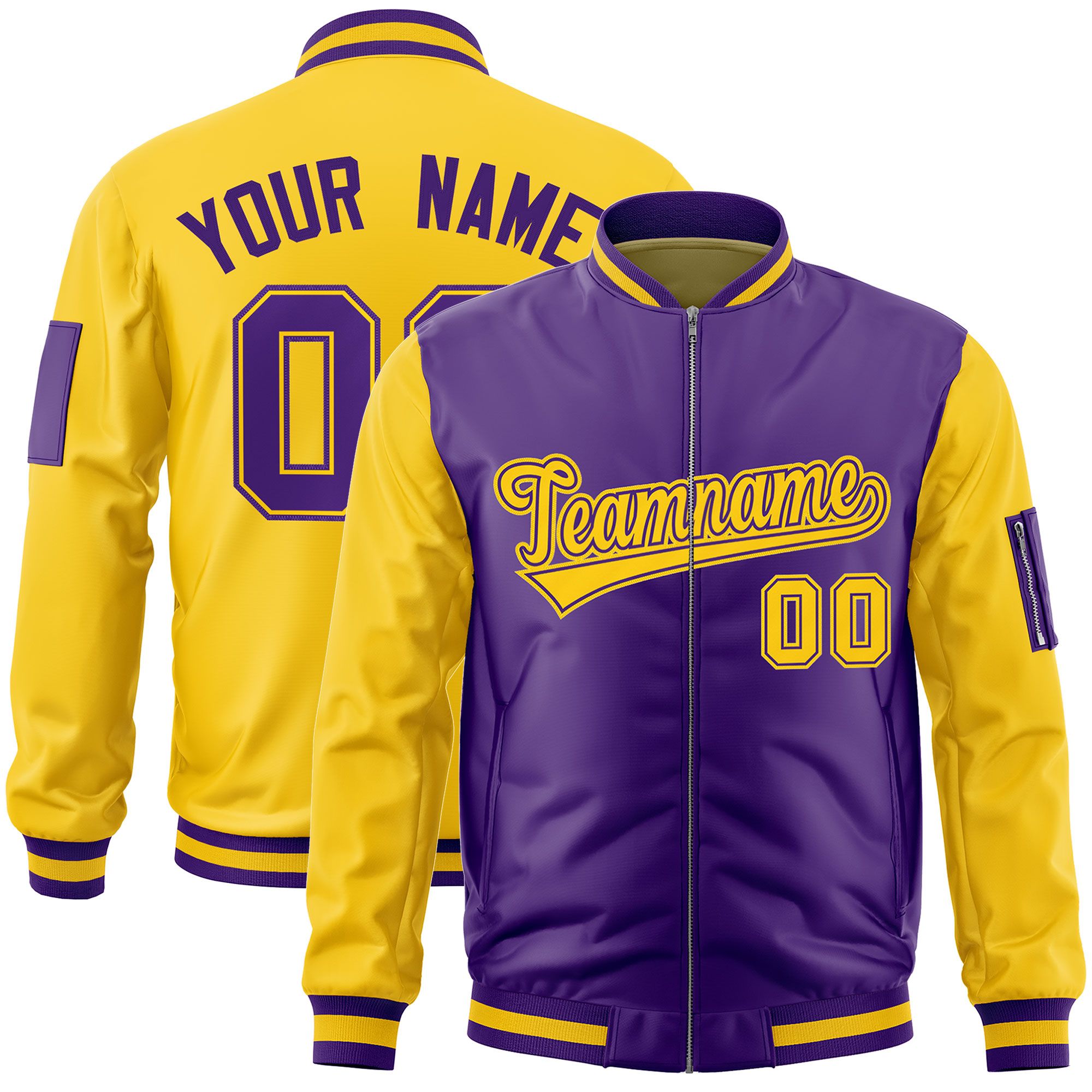 Custom Purple Gold Varsity Full-Zip Two-Tone Letterman Bomber Jacket