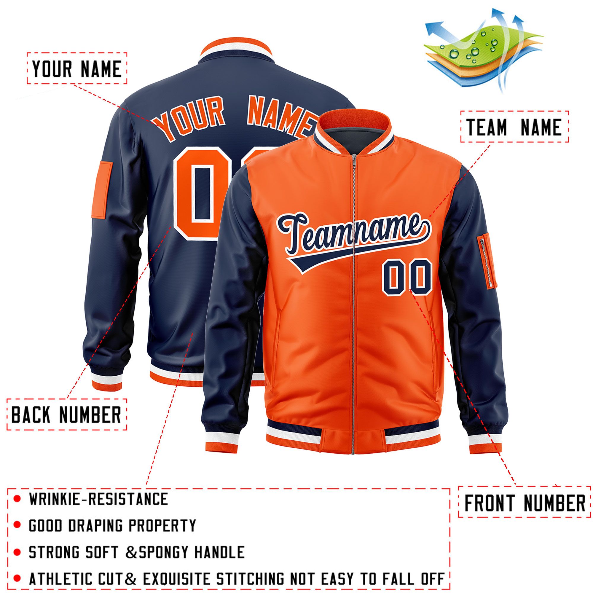 Custom Orange Navy Varsity Full-Zip Two-Tone Letterman Bomber Jacket