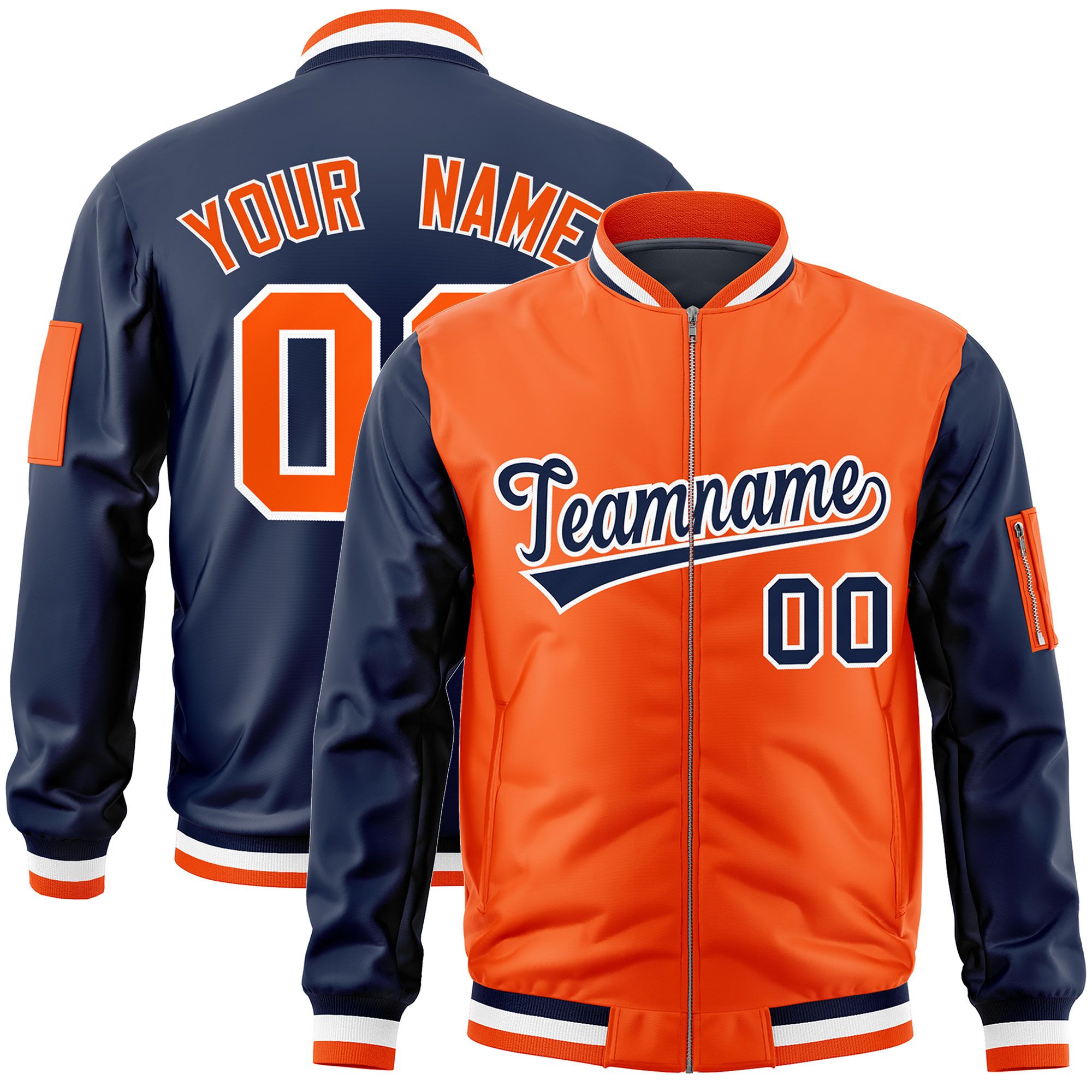 Custom Orange Navy Varsity Full-Zip Two-Tone Letterman Bomber Jacket