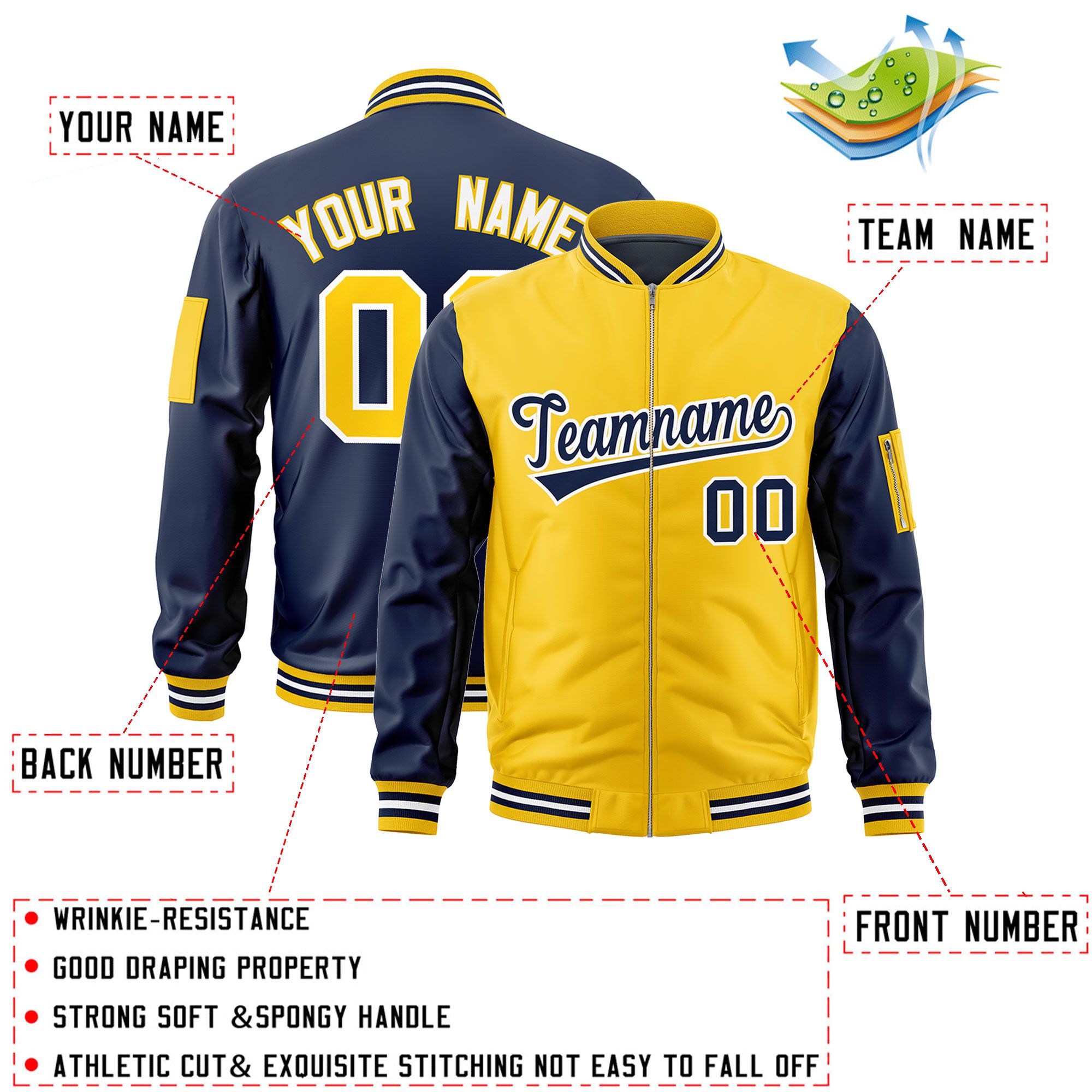 Custom Gold Navy Varsity Full-Zip Two-Tone Letterman Bomber Jacket