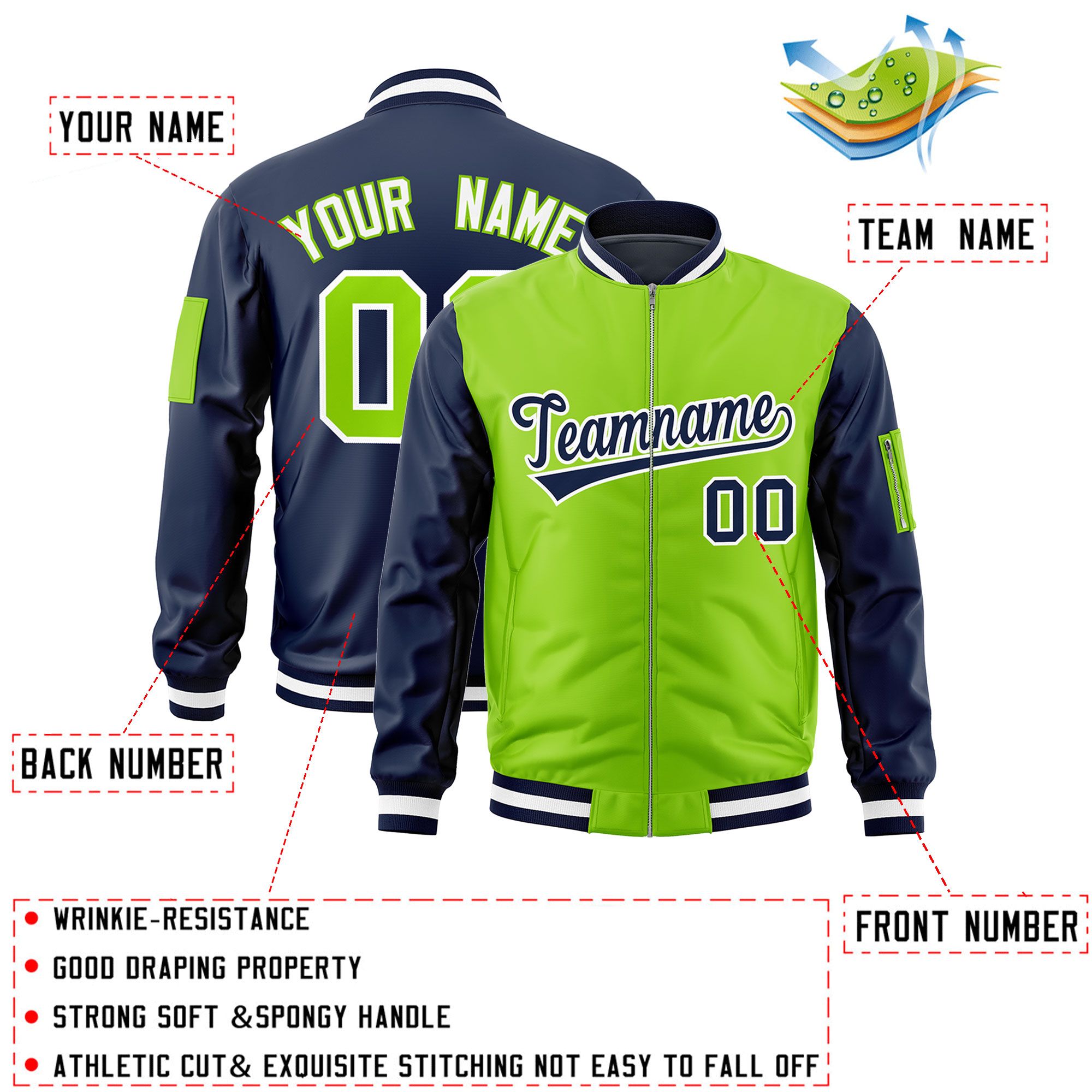 Custom Neon Green Navy Varsity Full-Zip Two-Tone Letterman Bomber Jacket