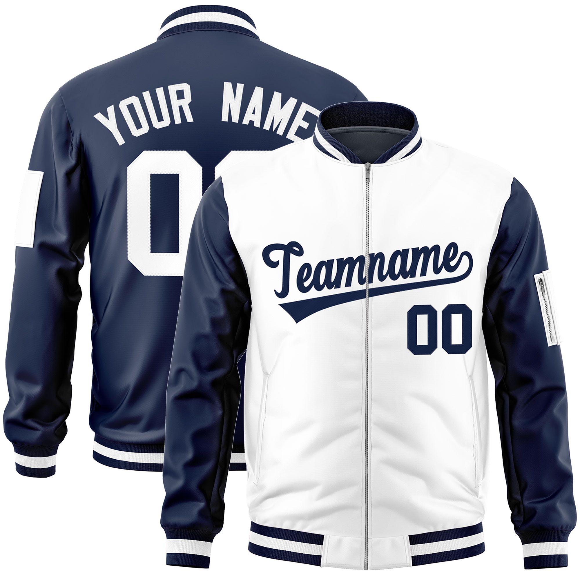 Custom White Navy Varsity Full-Zip Two-Tone Letterman Bomber Jacket