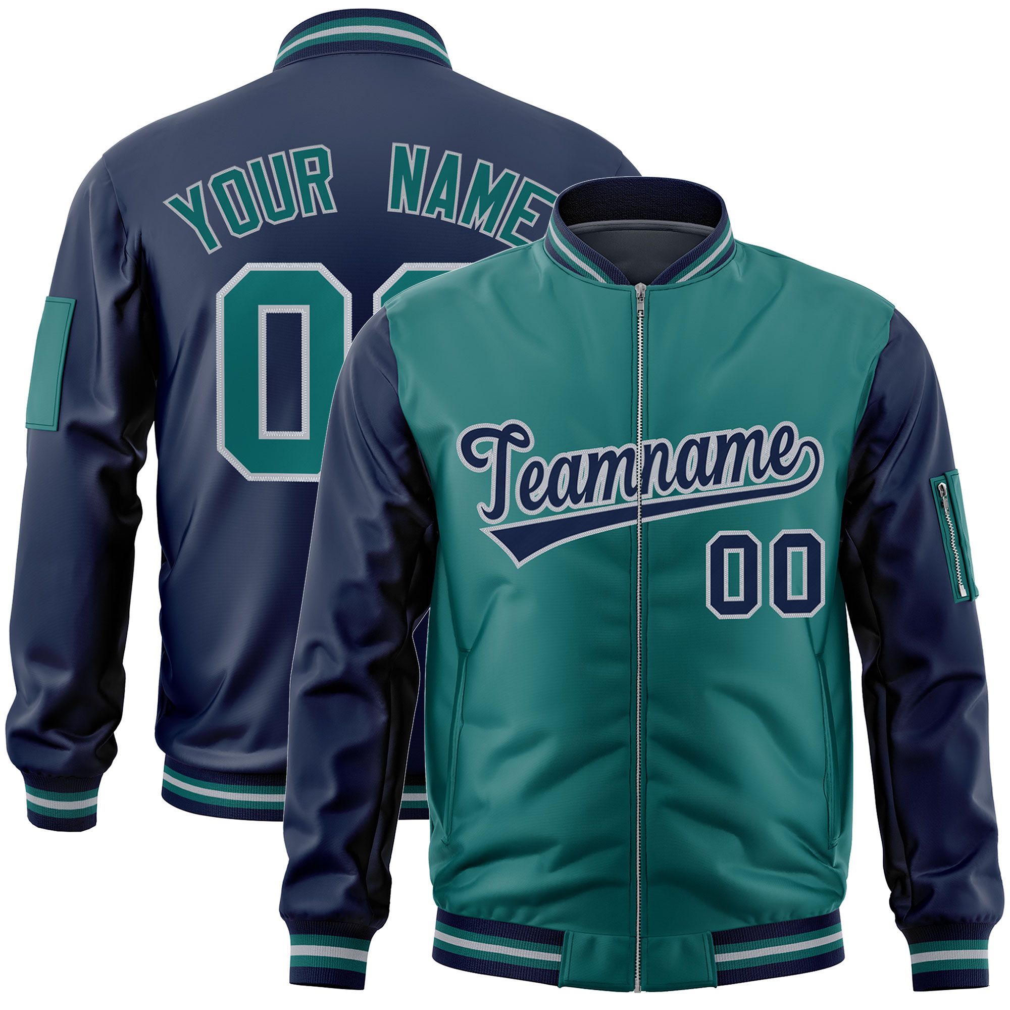 Custom Aqua Navy Varsity Full-Zip Two-Tone Letterman Bomber Jacket