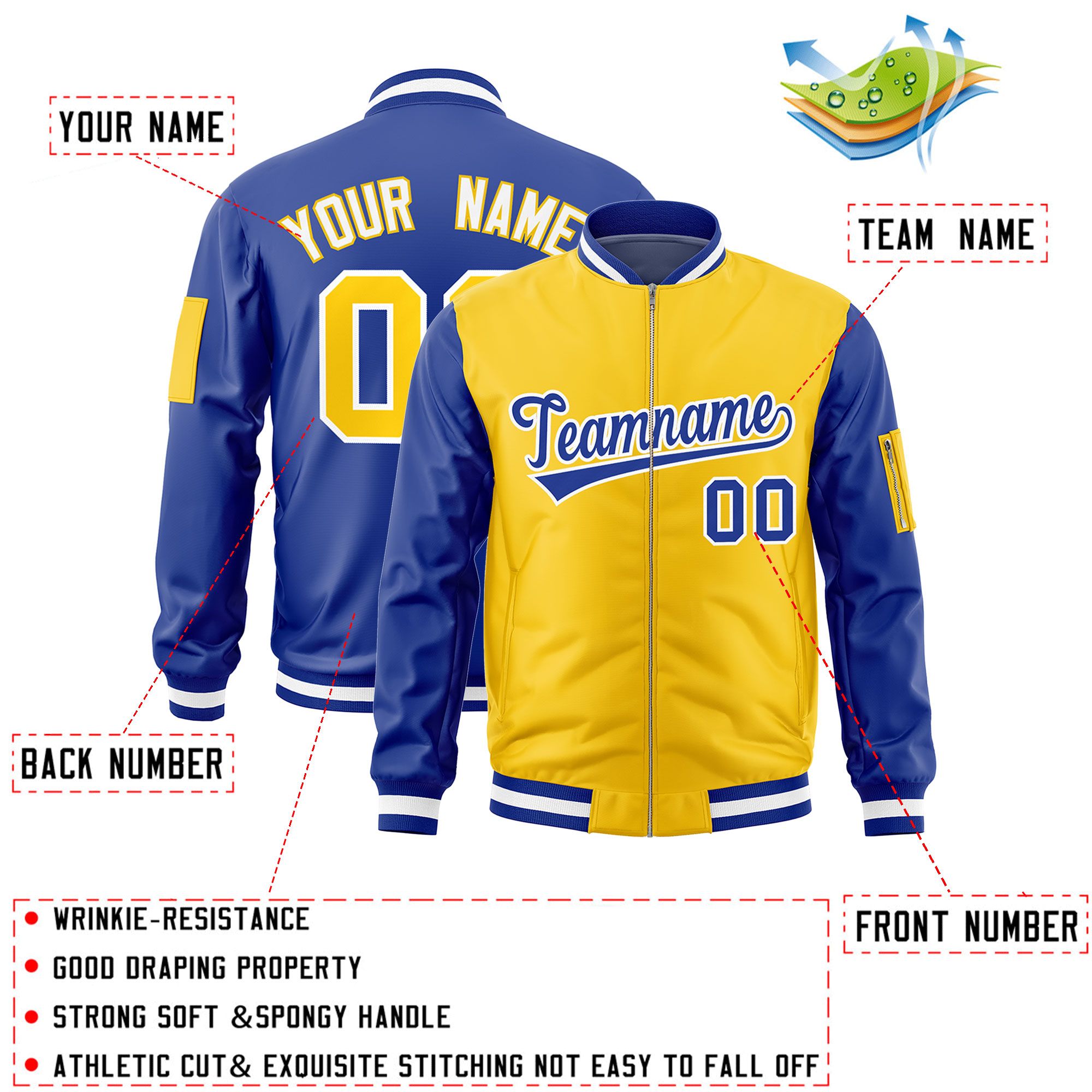 Custom Gold Royal Varsity Full-Zip Two-Tone Letterman Bomber Jacket