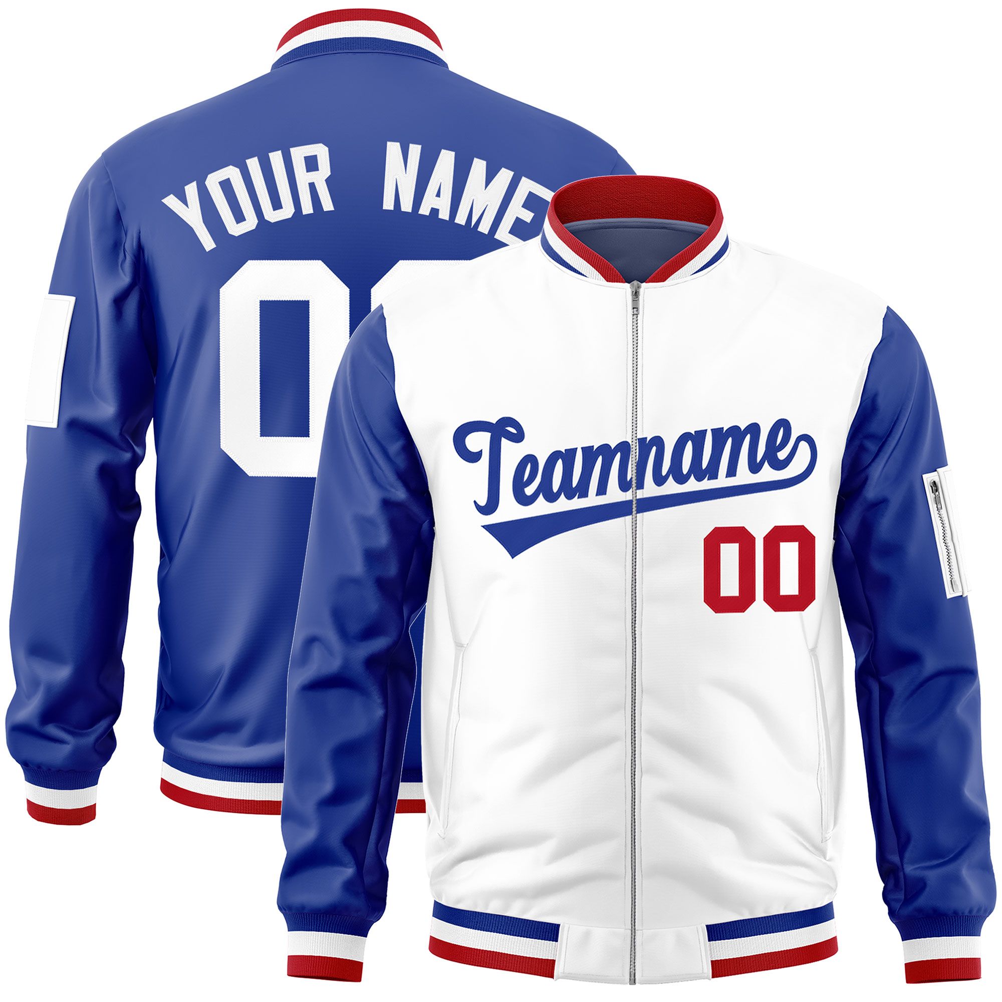 Custom White Royal Varsity Full-Zip Two-Tone Letterman Bomber Jacket