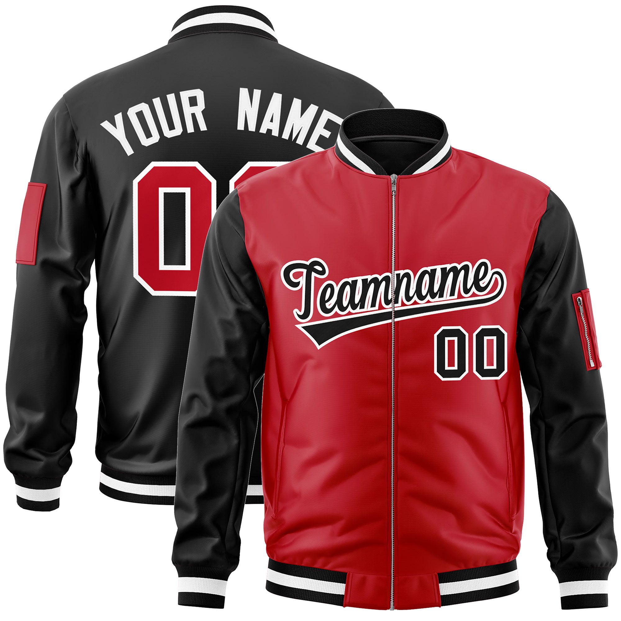 Custom Red Black Varsity Full-Zip Two-Tone Letterman Bomber Jacket