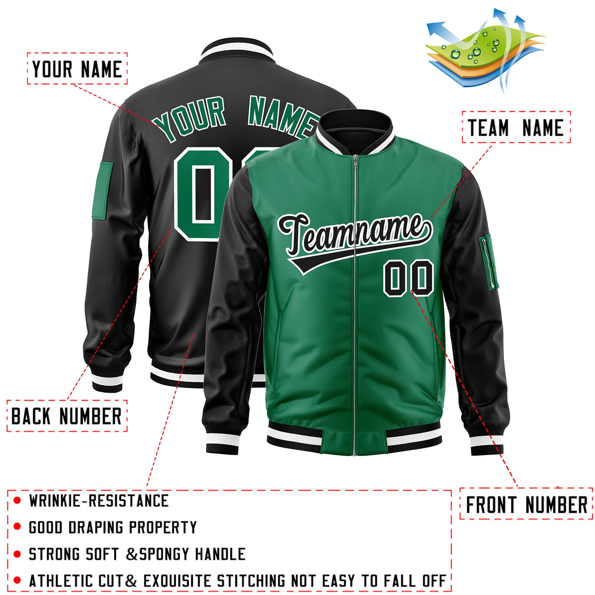 Custom Kelly Green Black Varsity Full-Zip Two-Tone Letterman Bomber Jacket