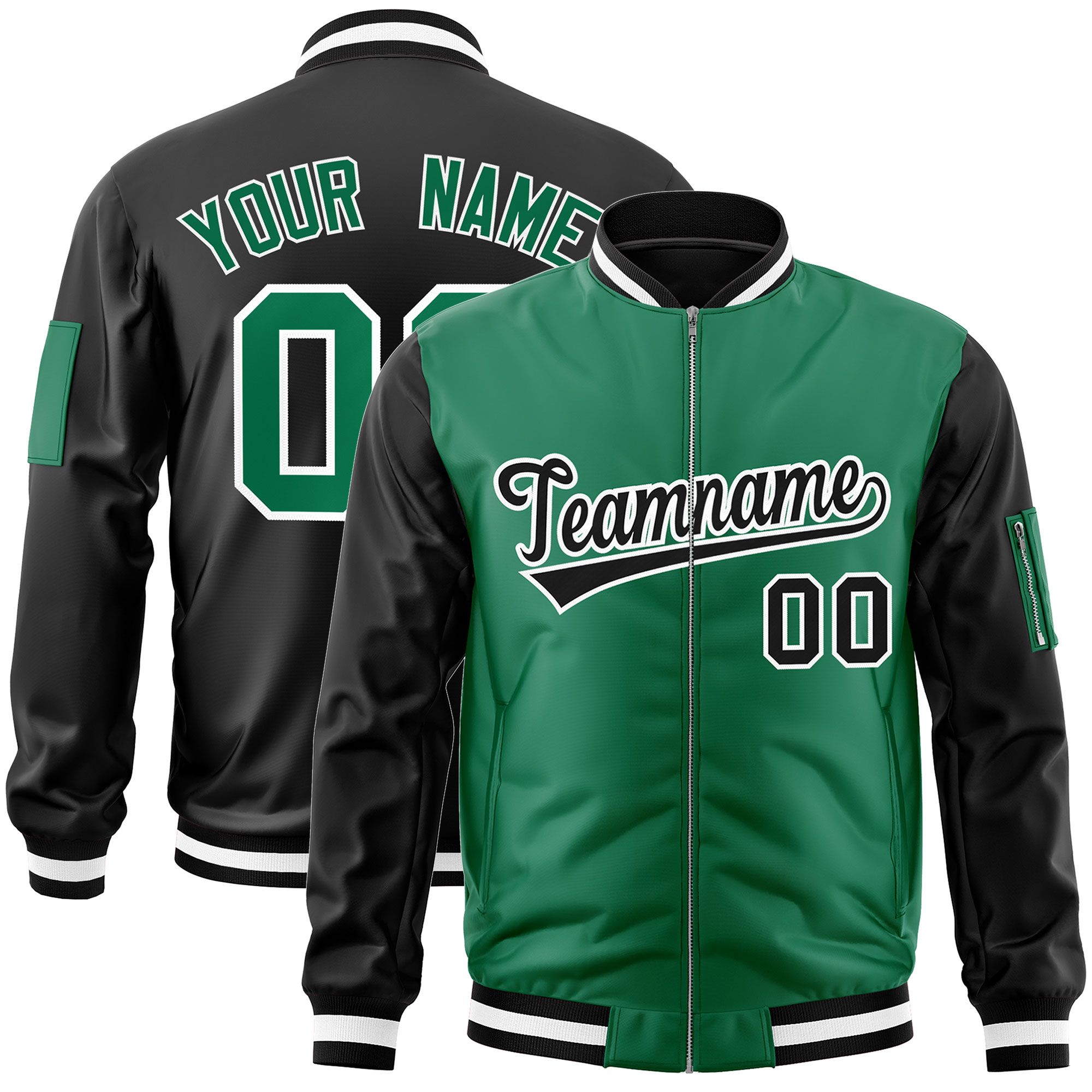 Custom Kelly Green Black Varsity Full-Zip Two-Tone Letterman Bomber Jacket