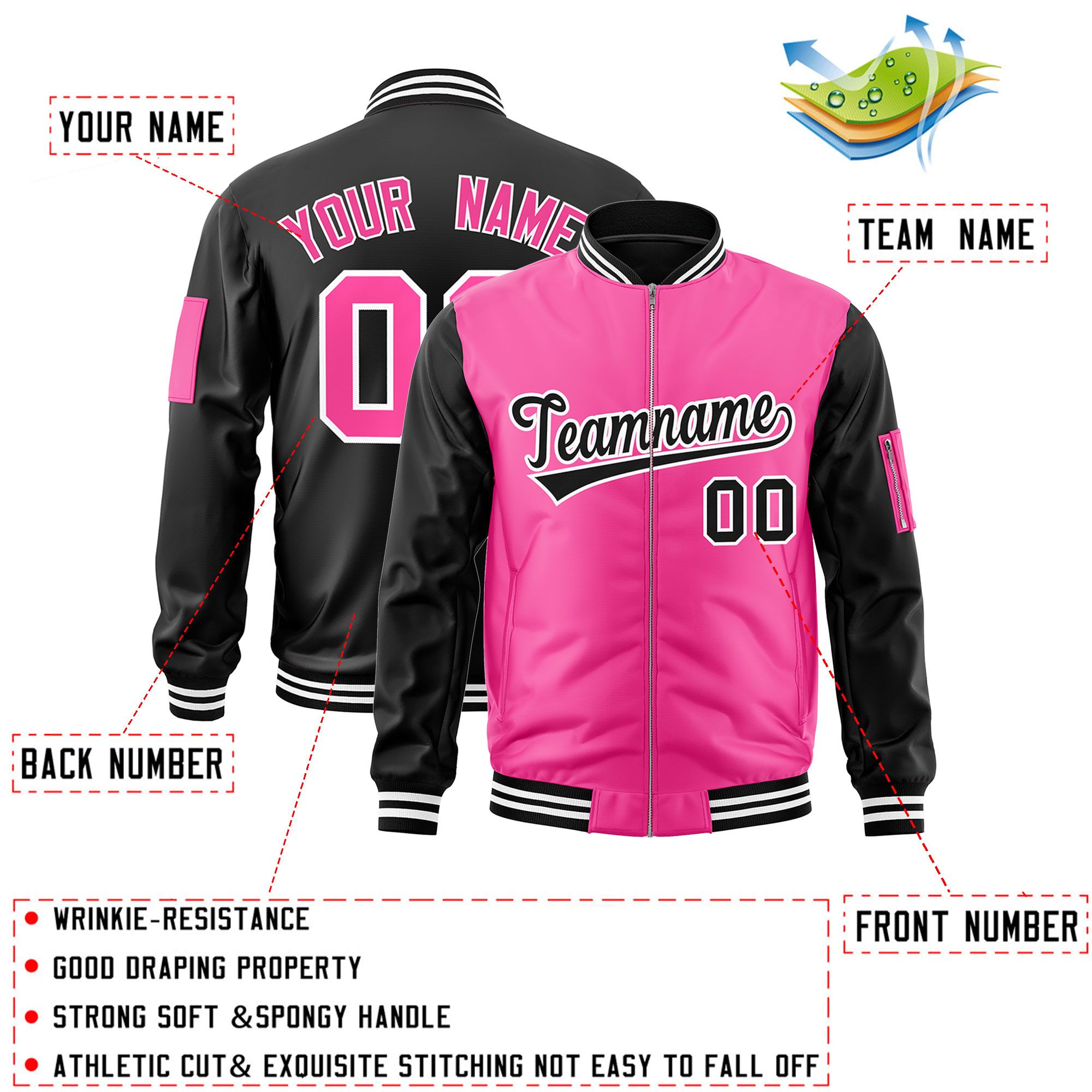 Custom Pink Black Varsity Full-Zip Two-Tone Letterman Bomber Jacket