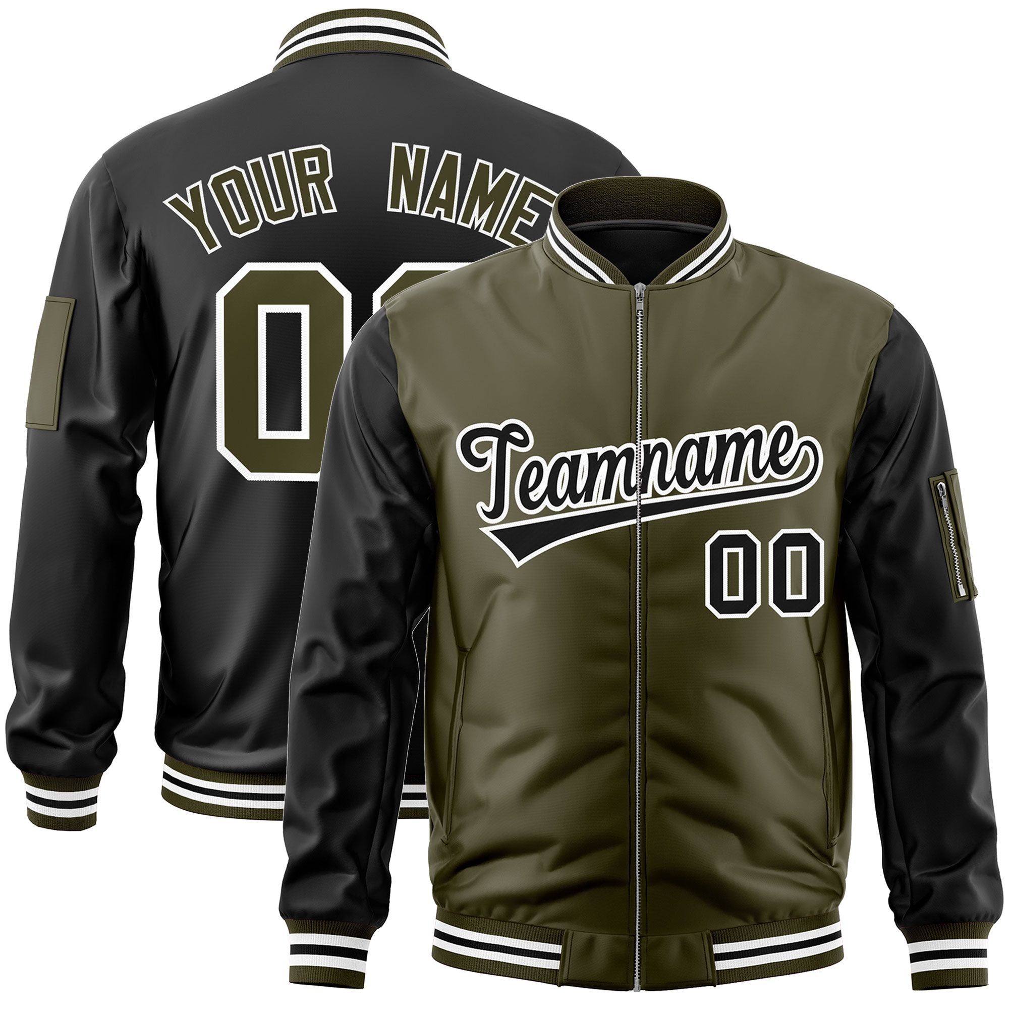 Custom Olive Black Varsity Full-Zip Two-Tone Letterman Bomber Jacket