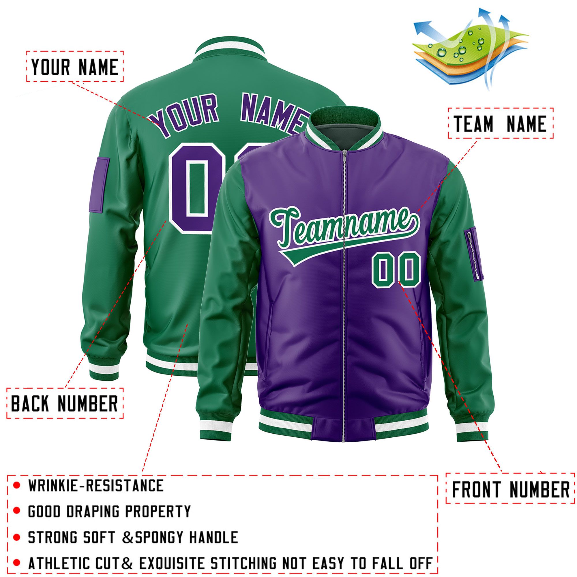 Custom Purple Kelly Green Varsity Full-Zip Two-Tone Letterman Bomber Jacket