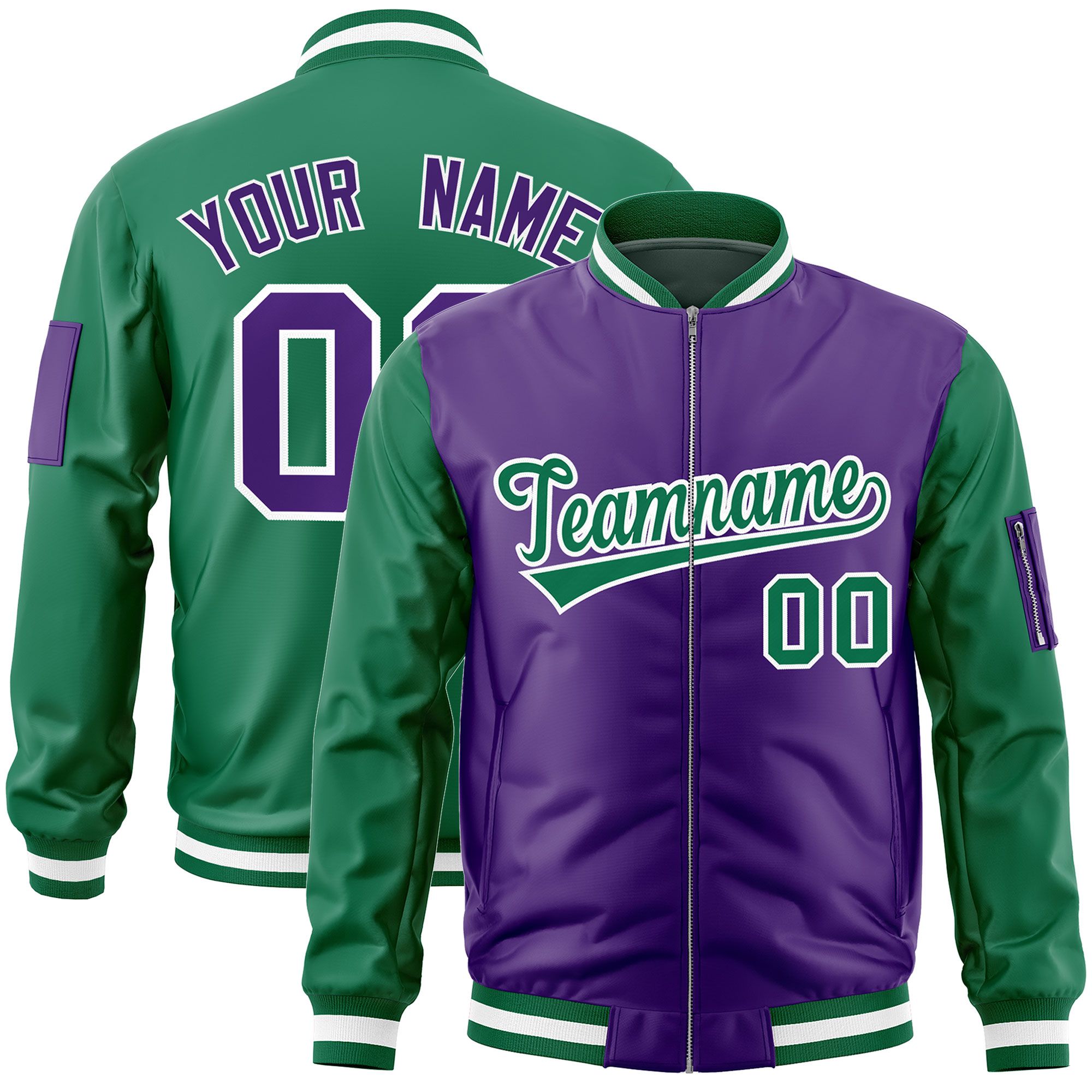 Custom Purple Kelly Green Varsity Full-Zip Two-Tone Letterman Bomber Jacket