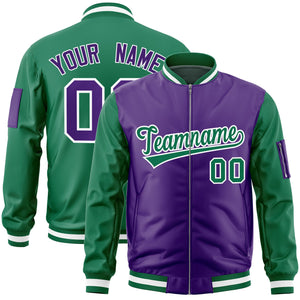 Custom Purple Kelly Green Varsity Full-Zip Two-Tone Letterman Bomber Jacket